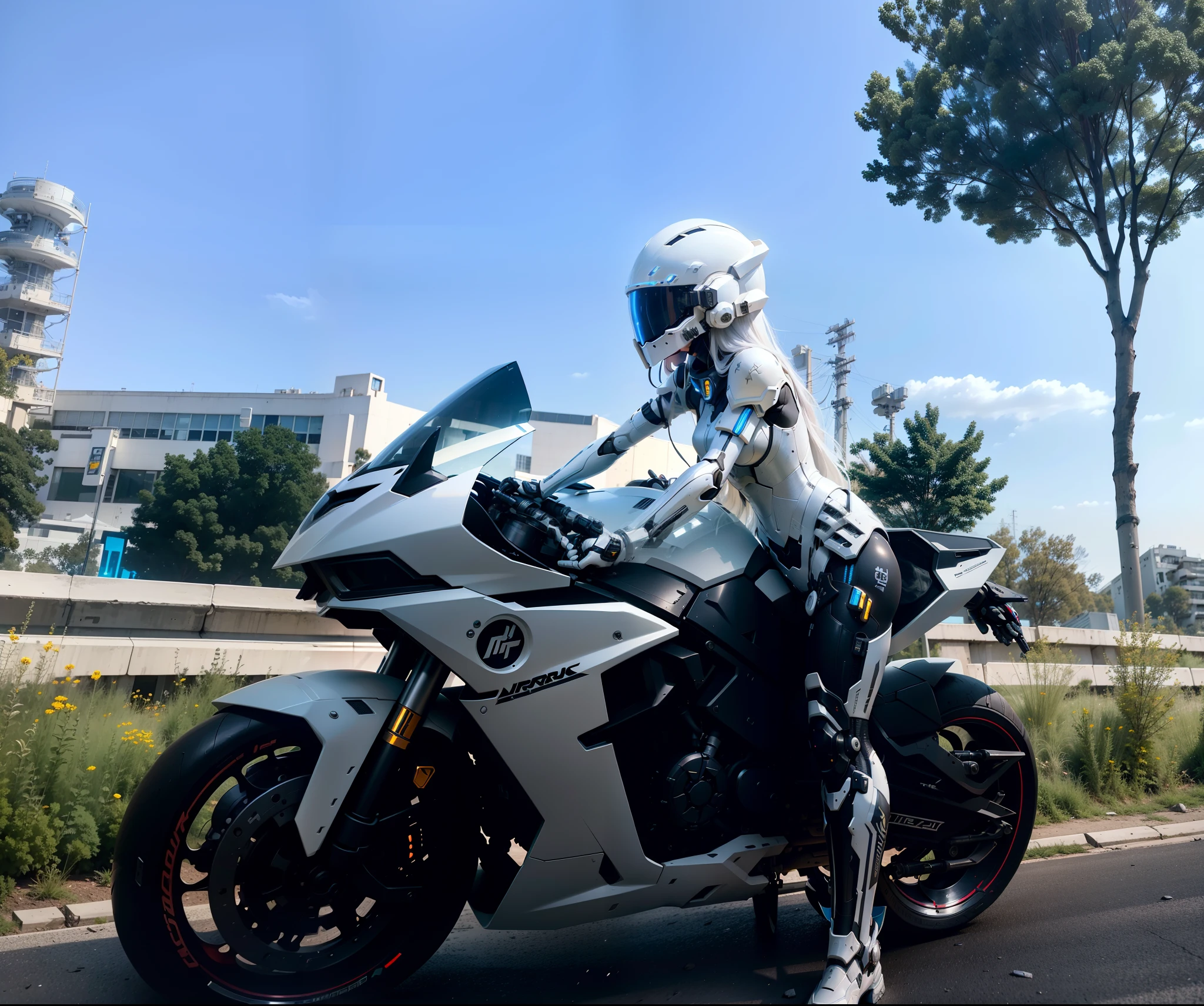 Cute cyberpunk female knight,Long flowing white hair,Black mech costume,Sophisticated white tech helmet,Nousr, Biomechanicals, MSHN Robot Woman,High-tech helmet,hyper realisitc, Steel, Complex design, insanely details, finely detailled, Extremely clear lines, cinmatic lighting, photograph realistic, A detailed masterpiece