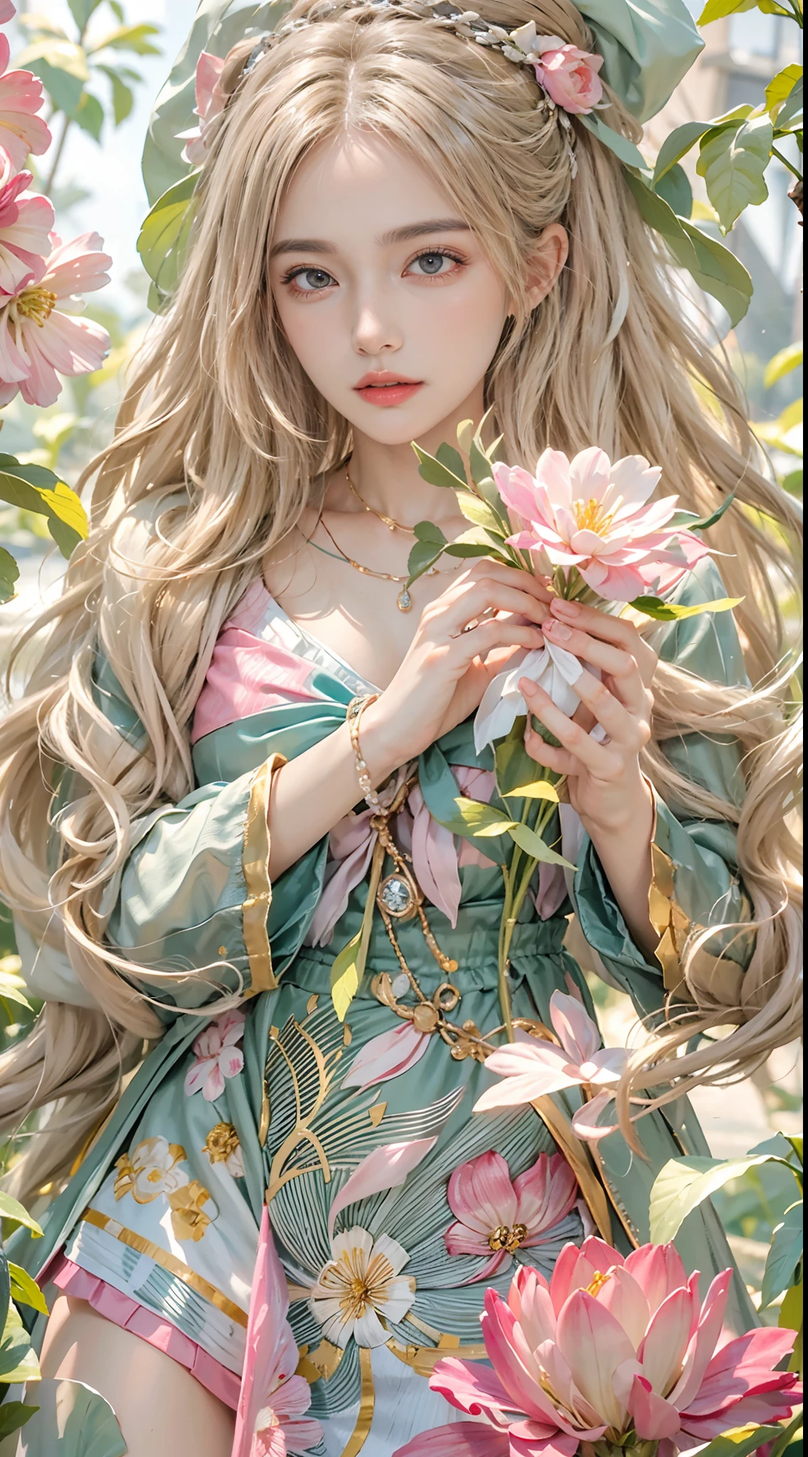 (absurderes, A high resolution, Ultra detailed), 1girll, Mature female, Wavy blonde hair, Long hair, Blunt bangs, Green eyes, Pink dress, finely detailed eyes and detailed face, Extremely detailed Cg Unity 8K wallpaper, Intricate details , Kaleidoscopic imagery, Symmetrical pattern, Vibrant colors, geometric shapes, Engaging design, optical illusions, Dynamic composition , The art of pantomime, Expressive body language, Silent storytelling, Evocative gestures, Visual storytelling, Theatrical performances , Blooming flowers, Colorful petals, Fragrant scent, A gift from nature, Vibrant garden, peaceful scenery