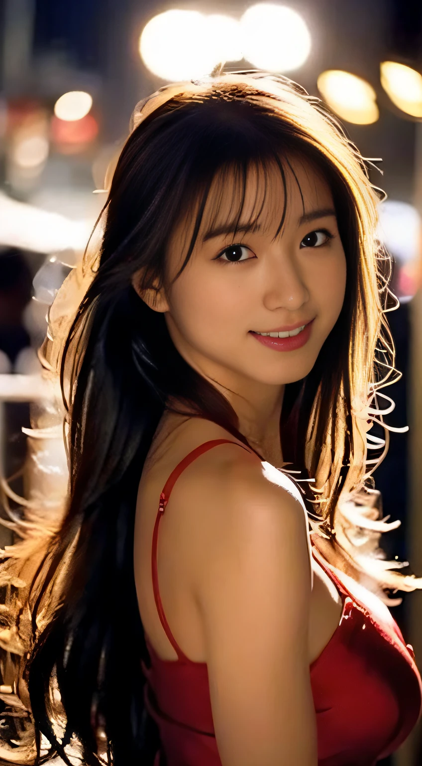 top-quality。８K-Picture。Ultra-high pixel。The background is the city at night。girl with。hair is long and slightly wavy,,,,,,,,,,,,,,,,,,,,,,,,,,,,,,,,,,,,,,,,,,,,,,,,,,,,,,,,,,,,,,,,,,,,,,,,,,,,,,,,,,,,,,,,,,,,,,,,,,,,,,,,,,,,。The color is dark brown。Glamour style、((huge-breasted：1.8))。wearing red dress、Photos dancing brilliantly。Delicate finish overall。The body line is gorgeous。legs are long、Wear red high heels。((Hair shines like a reflection of the street。The eyeball reflects the surrounding landscape。The skin is wet with night dew))。Almost perfect woman。((time々In close-up of the upper body))。The second highlighted part々I want you to express it in close-ups。