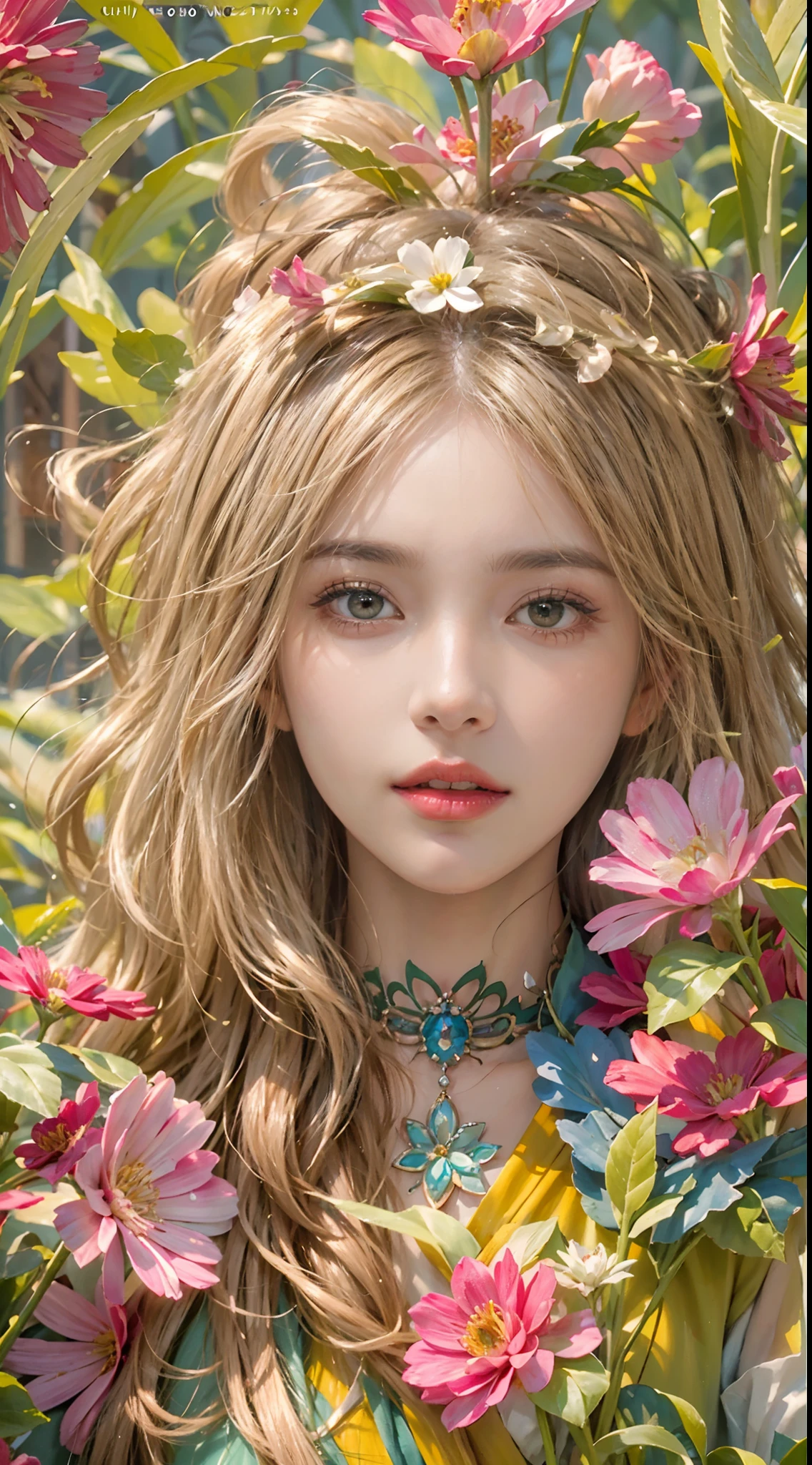 (absurderes, A high resolution, Ultra detailed), 1girll, Mature female, Wavy blonde hair, Long hair, Blunt bangs, Green eyes, Pink dress, finely detailed eyes and detailed face, Extremely detailed Cg Unity 8K wallpaper, Intricate details , Kaleidoscopic imagery, Symmetrical pattern, Vibrant colors, geometric shapes, Engaging design, optical illusions, Dynamic composition , The art of pantomime, Expressive body language, Silent storytelling, Evocative gestures, Visual storytelling, Theatrical performances , Blooming flowers, Colorful petals, Fragrant scent, A gift from nature, Vibrant garden, peaceful scenery