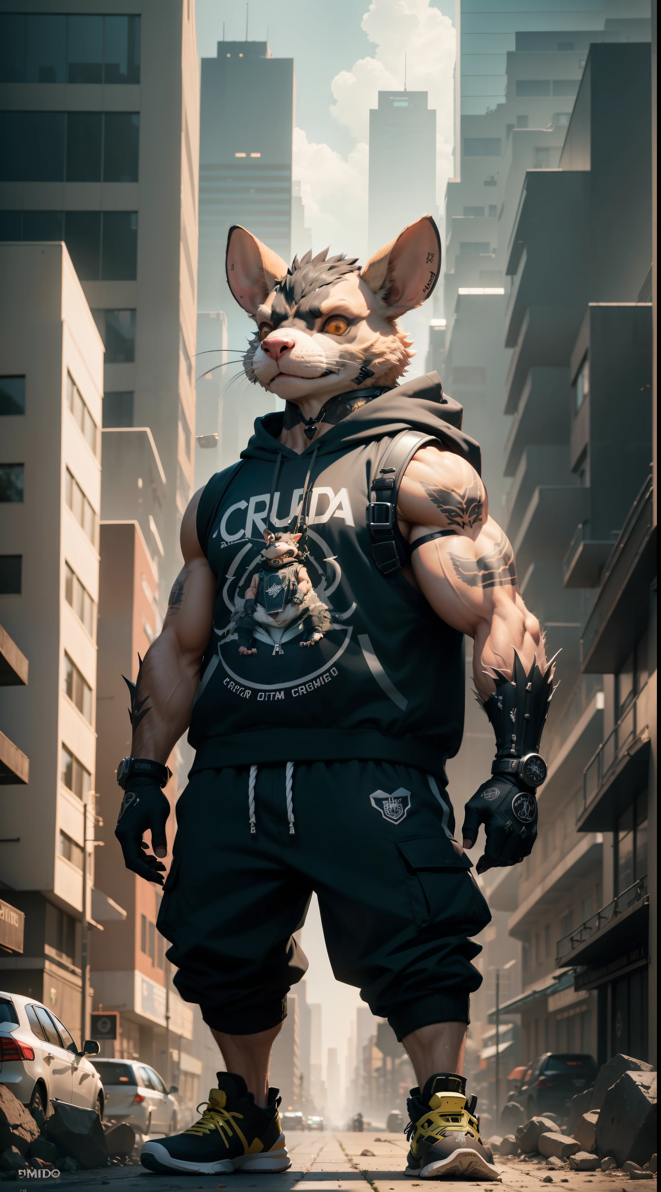 ((foto crua)), ((obra-prima)), Anthropomorphic humanoid rat wearing streetwear clothes, andando furiosamente entre as pessoas, detalhe intrincado, intricate Greebles pieces, city behind, corpo musculoso, muscular arms, small head, Ogro monstruoso, Titan soft lighting, Hiper realista