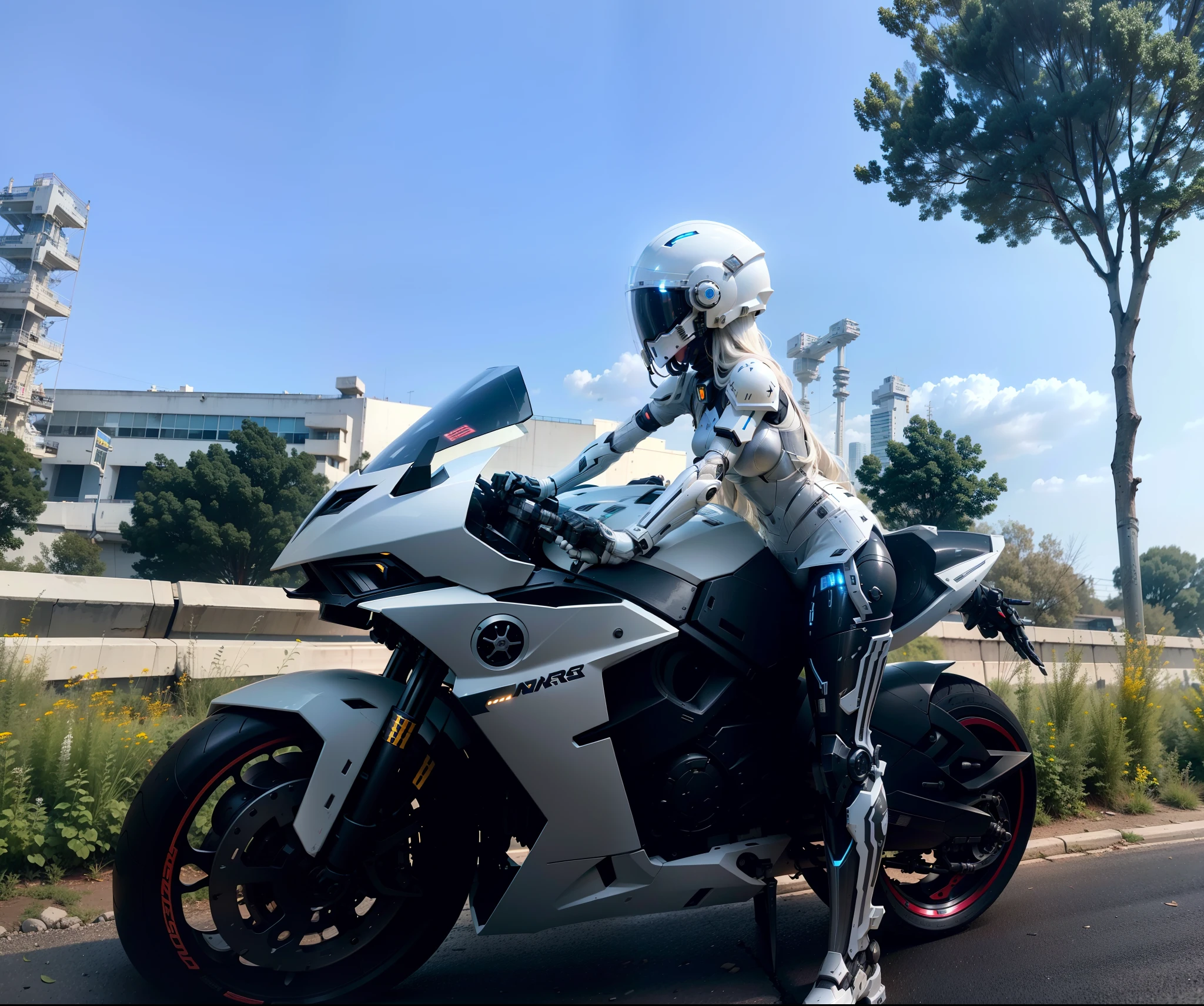 Cute cyberpunk female knight,Long flowing white hair,White mech costume,Sophisticated black tech helmet,Nousr, Biomechanicals, MSHN Robot Woman,High-tech helmet,hyper realisitc, Steel, Complex design, insanely details, finely detailled, Extremely clear lines, cinmatic lighting, photograph realistic, A detailed masterpiece