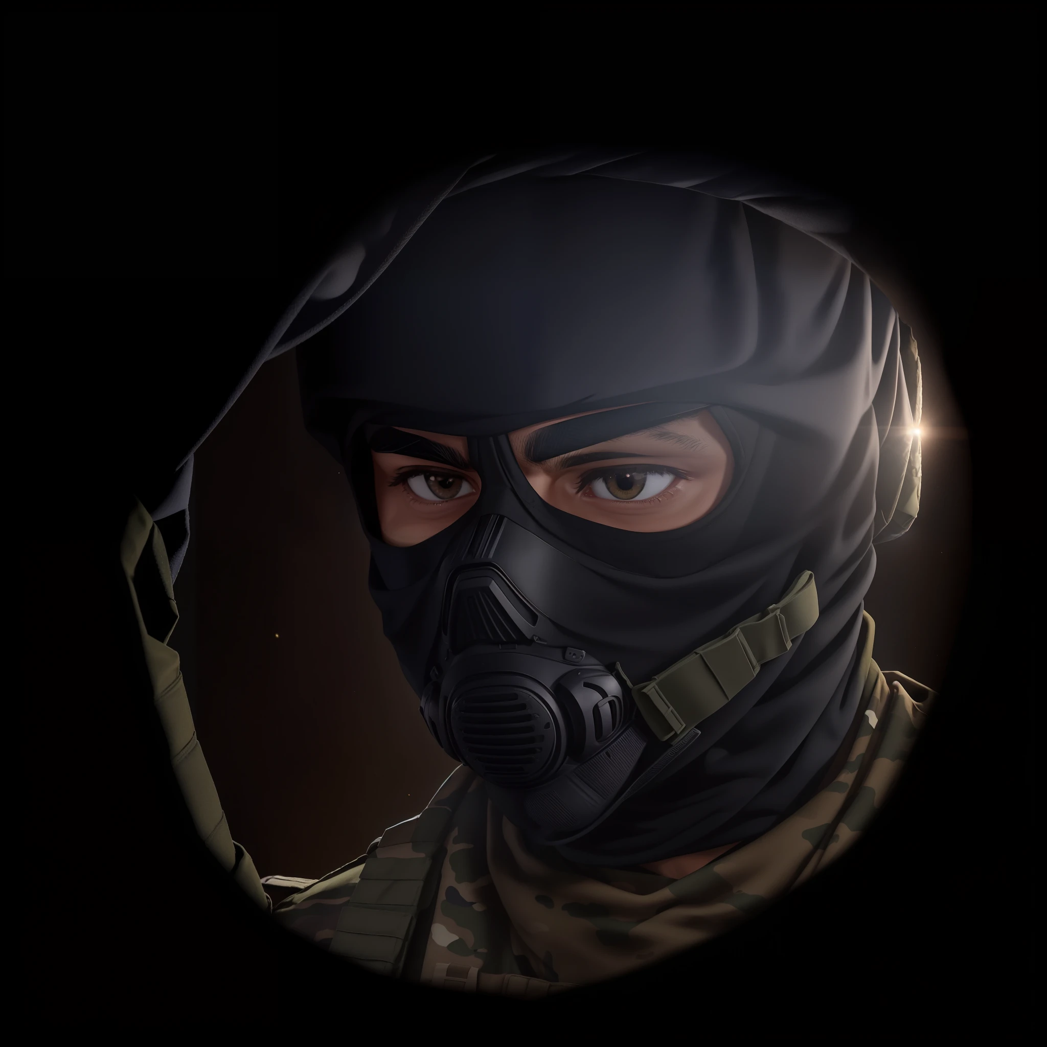 masculino, Uniforme de Fuerzas Especiales, Uniforme militar, (bosque denso), desde abajo, luz de luna (Obra maestra), (Ultra detallado), (Ski mask covering his face)