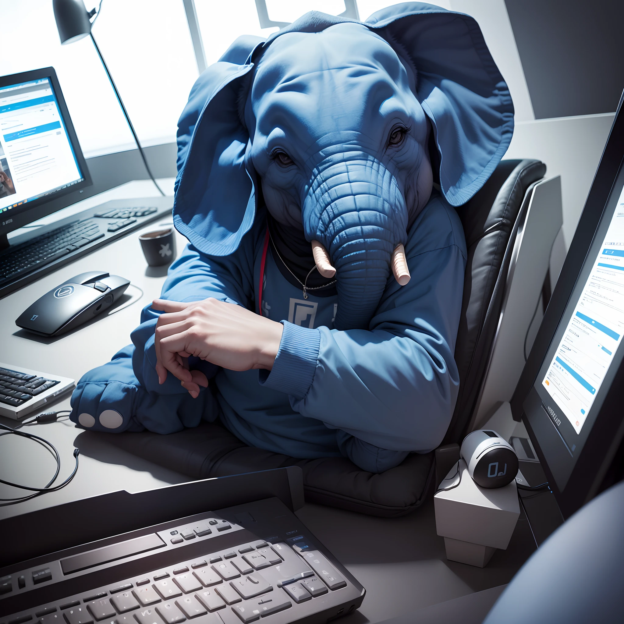 "Por favor, Create an illustration of a blue elephant wearing modern clothes while he is sitting in front of a computer. Make sure the elephant looks comfortable and is interacting with the computer in a way that suggests it is performing a technology-related task or activity. The elephant's clothes should reflect a contemporary and elegant style. Lembre-se de incluir detalhes como o monitor do computador, the keyboard and mouse to bring the scene to life."