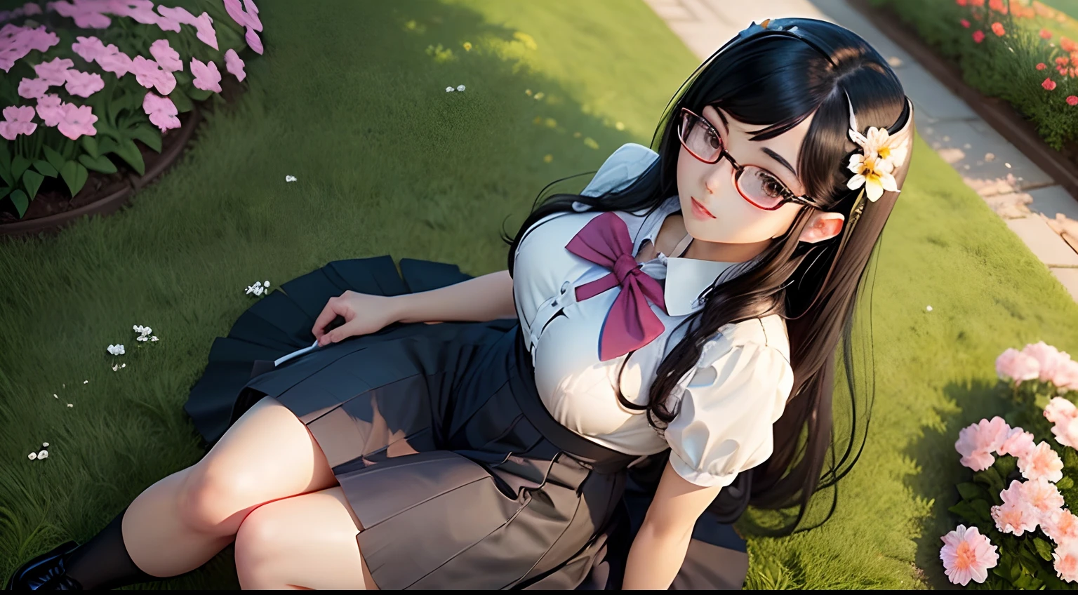 masterpiece, best quality, 1girl, Barbie like woman, bent over, leaning forward, from behind, arms in front, straight legs, long black hair, braided pigtails, red thong, big ass, large boobs, central park, sun, (woman in her twenties), nerd glasses,