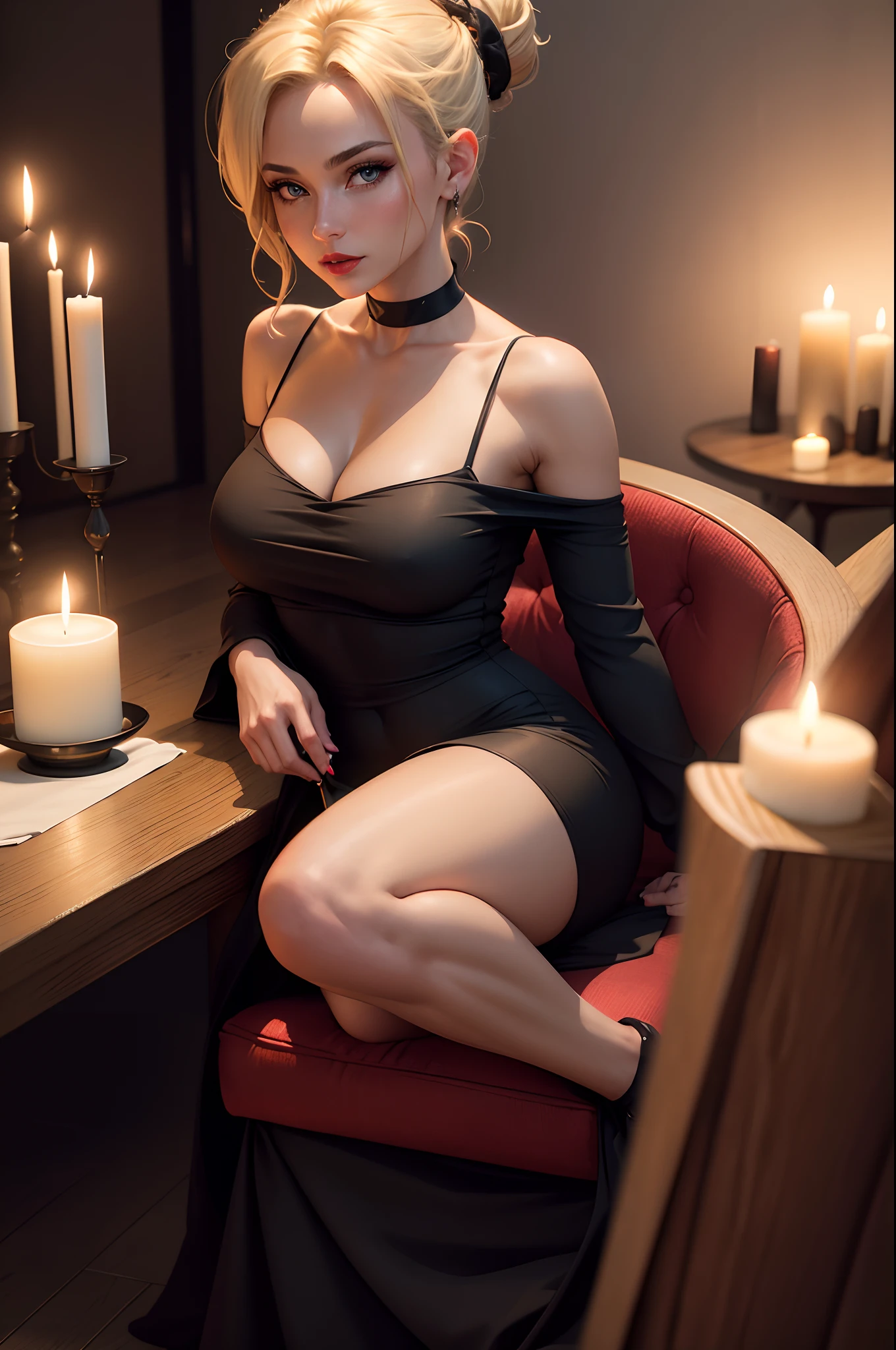 realistic 8k image of a beautiful woman, with light eyes, blonde hair tied in a bun, red lipstick, dressed in a beautiful low-cut black dress, sitting at the table with candles in the living room of a simple apartment, seductive expression, night scene, art anime style