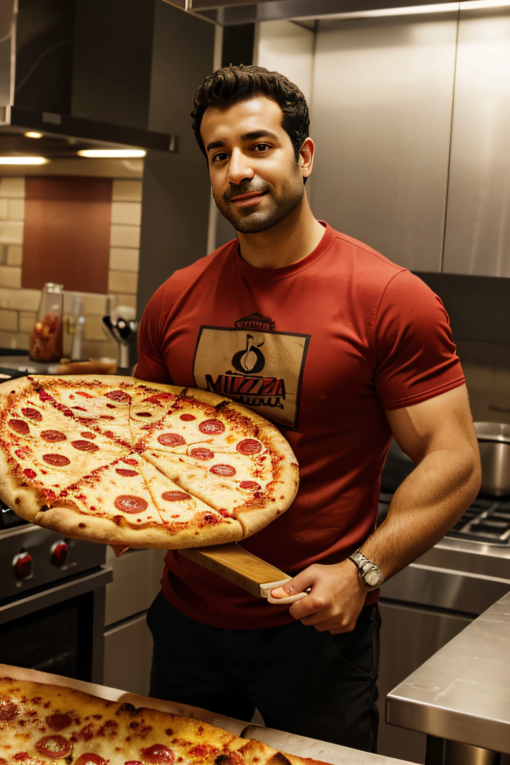 arafed man holding a pizza in a kitchen with a pizza cutter, presenting a large pizza, the pizza has a large cornicione, holding a large pizza!!!, holding up a pizza, holding pizza, presenting pizza, artwork masterpiece, tasty, by Matt Cavotta, cooking pizza, pizza pie, ❤🔥🍄🌪