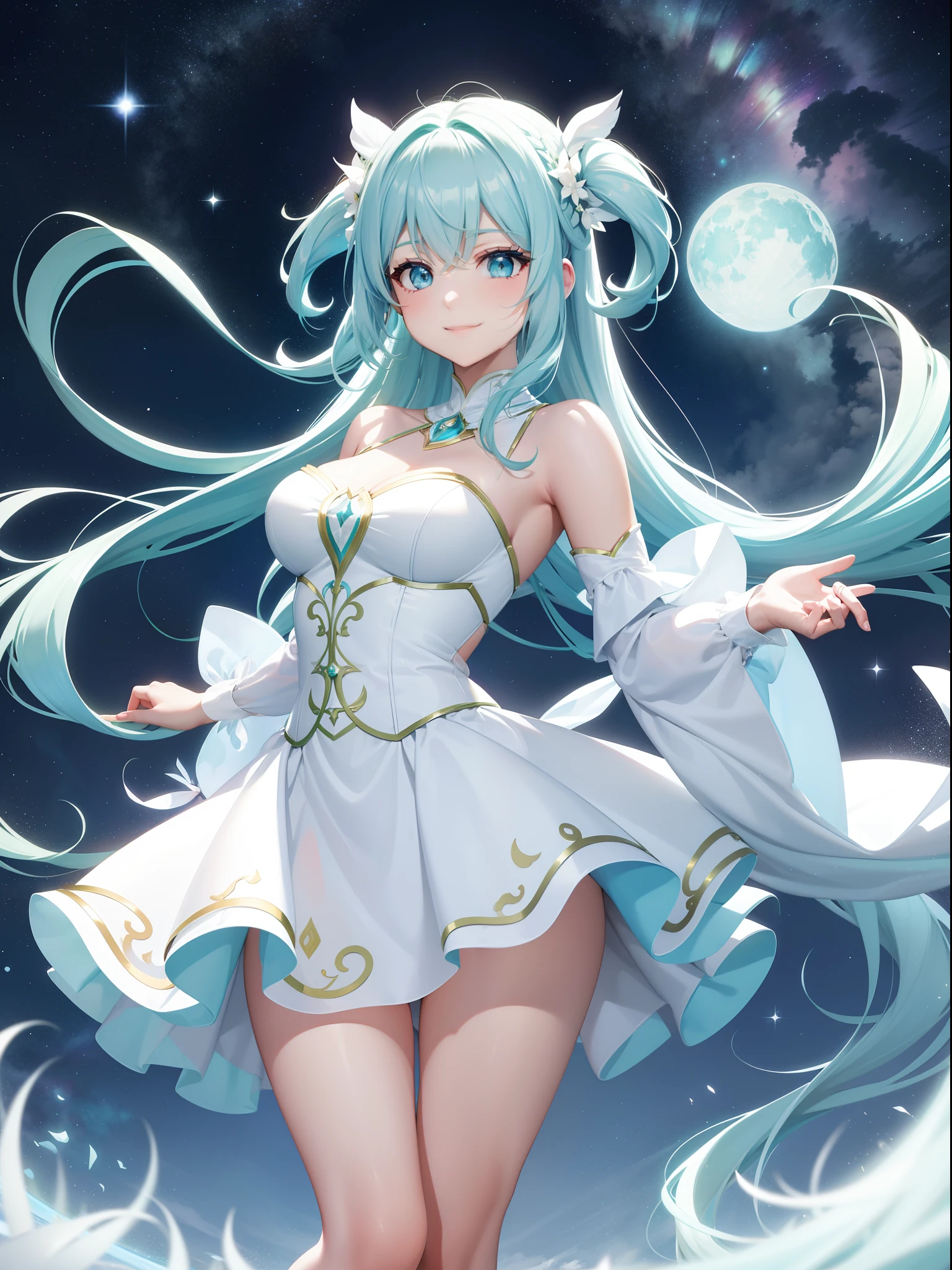 hatsune Miku、(ultra Realistic), (An illustration), (Highres), (8K), (highlydetailed), (the best illustration), (Beautiful Detailed Eyes), (beste Quality), (Super Detailed), (Master peace), (Wallpapers), (Detailed Face), solo, 1girl, Aristocratic dresses、White hair, Iris heterochromatic eyes, small moles under eye, medium chest, Long legs,Stunning composition,Foot braids,Beautiful and detailed legs