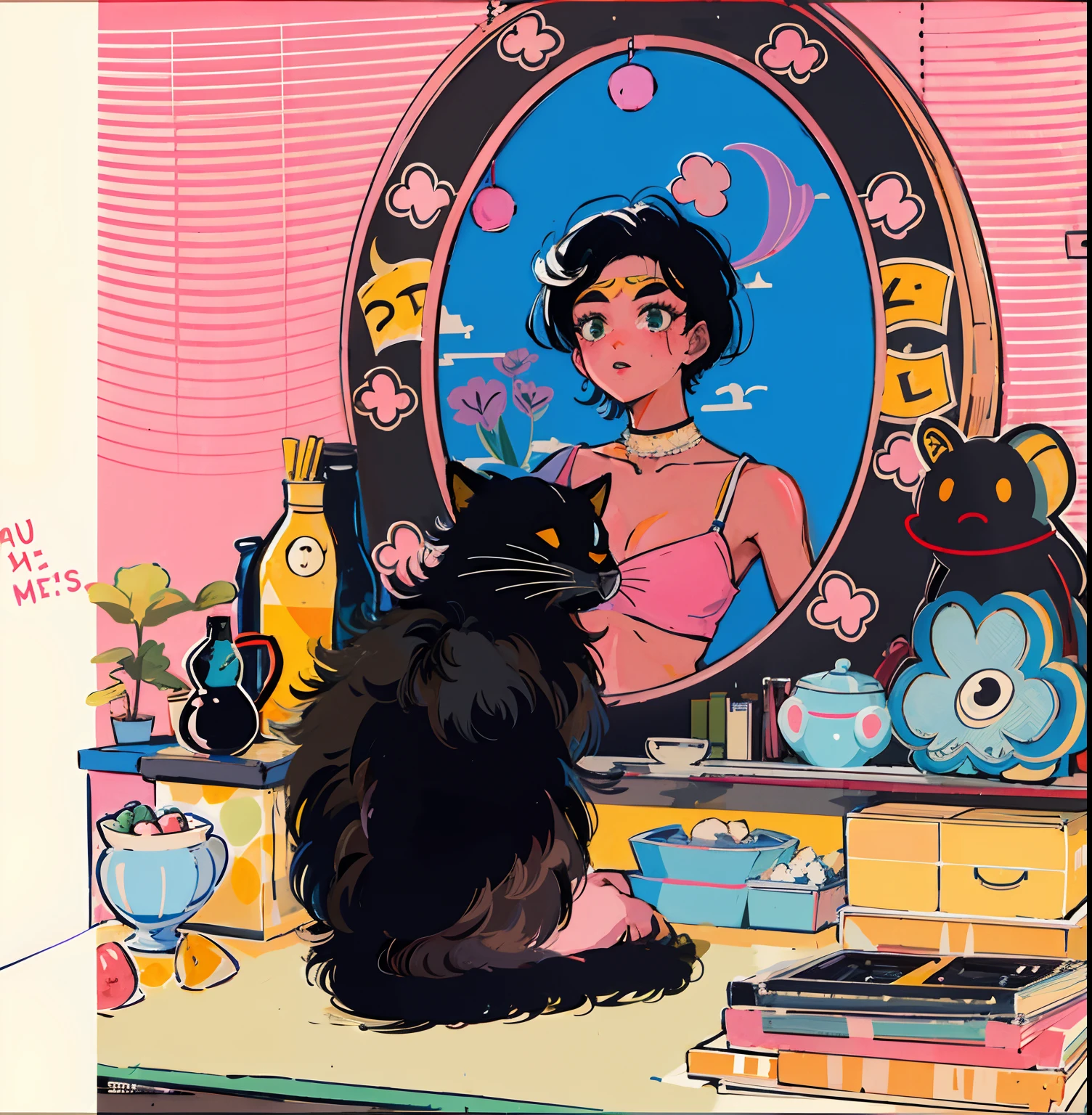 There's a black cat sitting in front of a mirror, com um espelho, Olhar no espelho, Olhar no espelho, Looking androgynous looking man in the mirror, Arte Lofi, inspired by Kanō Takanobu, arte publicada, illustration!, Directed by: Hermione Hammond, Directed by: Winona Nelson, Directed by: Yanagawa Nobusada, Olhar no espelho, beautiful aesthetic art