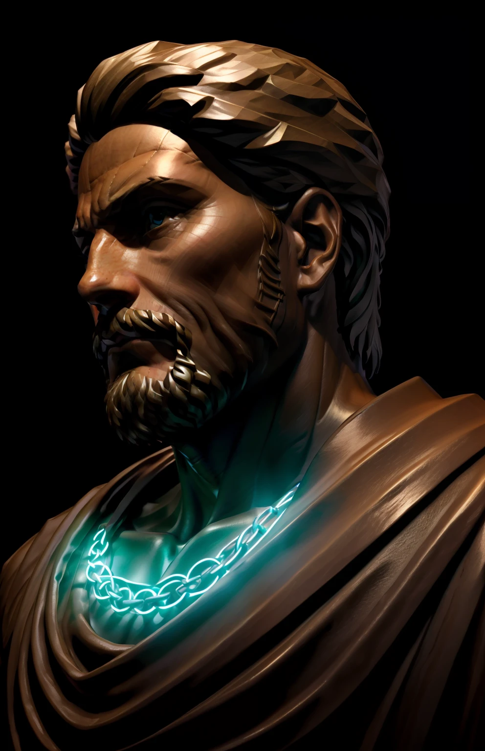 a closeup of a statue of a man with a necklace on, Tron legado Jesus Cristo, Tron legado Jesus, renderizado no zbrush, cinematic close-up of bust, neon romano, cinematic bust shot, statue of zeus, Retrato de Zeus acidentado, Described as a 3D rendering, cinematic bust portrait, renderizado no omniverso da nvidia, colored zbrush render