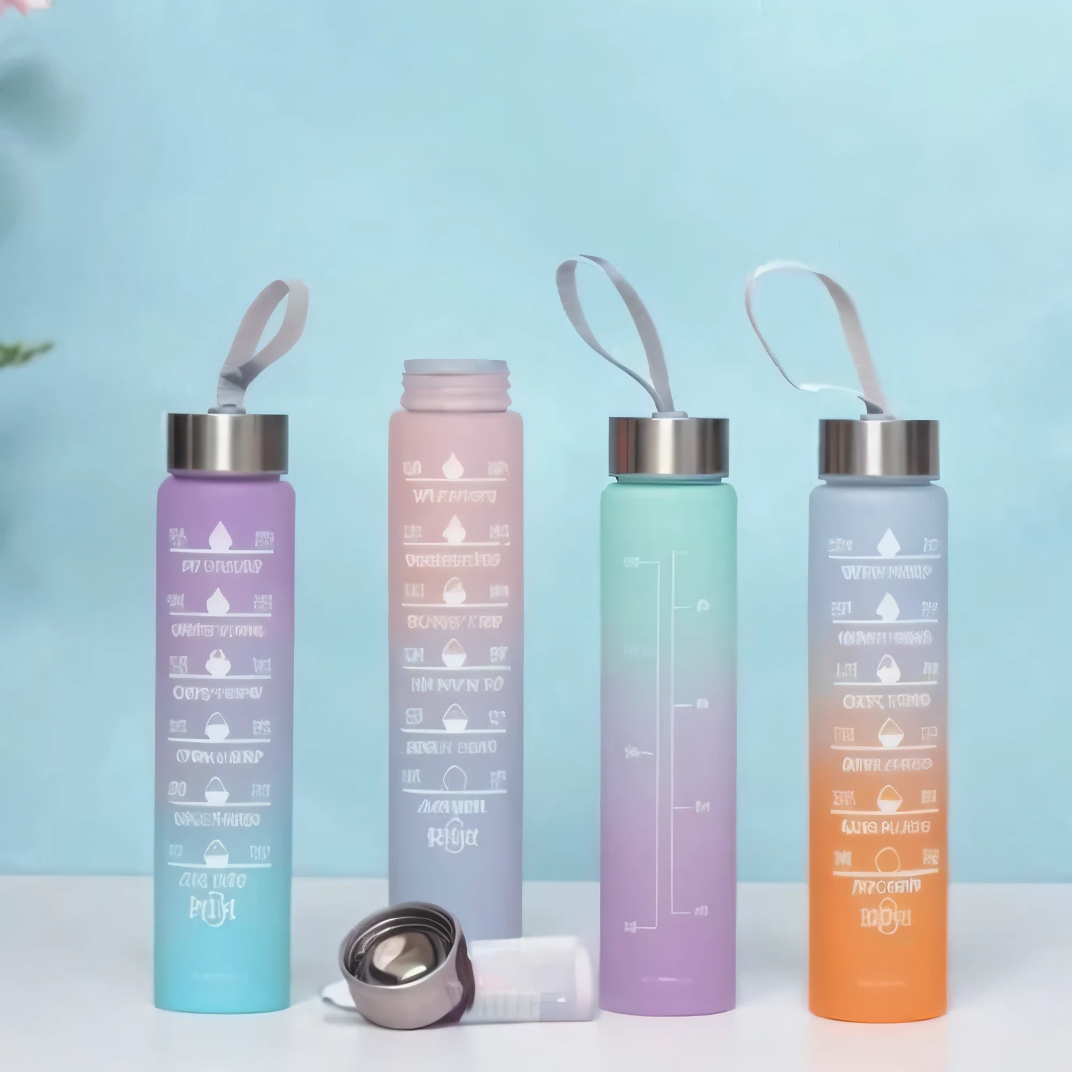 three water bottles of different colors with a measuring scale on them, water bottels, foto do produto, 6 cores, tamanhos e cores, nevoeiro, 4 cores, (nevoeiro), imagem do produto, 5 cores, garrafa, garrafa de vidro, multiple colors, multiple colors, imagem oficial do produto, gradiente roxo claro, fotografia do produto, water bottle queen, 1 5 0 ml lente, cores diferentes