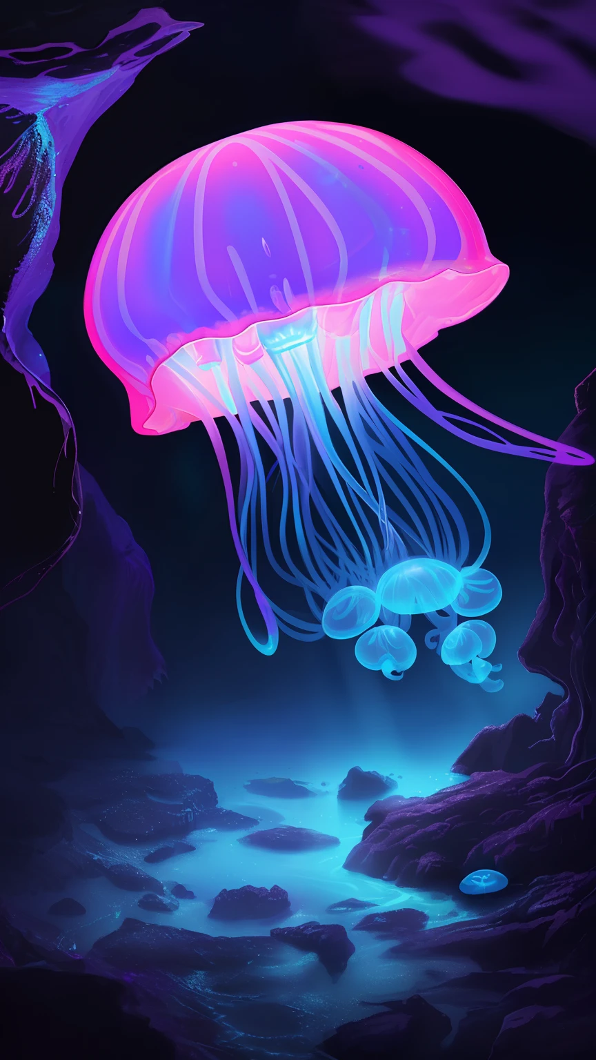 Luminous neon pink and blue bioluminescent jellyfish floating in a dark underwater cave, lighting up the rocks with an otherworldly glow, light rays visible, highly detailed textures, digital painting, --ar 1:1