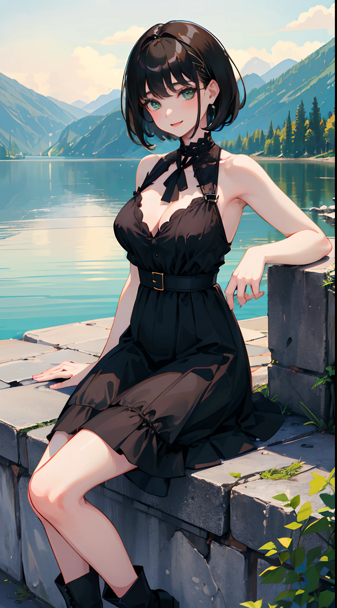 1 girl. She has black short hair, and green eyes. She's wearing a black frock, and skirt. She has a white necklase. And wearing black boots. She's sitting next to an lake and the weather is golden hour and she is smiling.