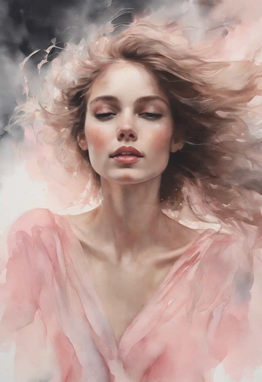 Uma pintura de Uma mulher bonita,A menina mais bonita de Agnes Cecile, expression joyful, Cabelo rosa bonito movido pelo vento, Folhas de outono no ar, Vestido movido pelo vento, design luminoso, Pastel, gotas de tinta, Luzes de outono,