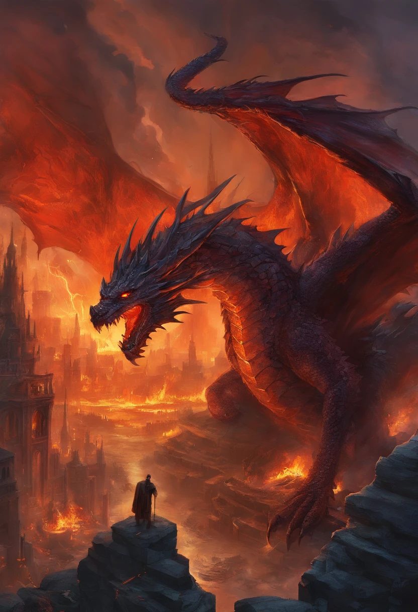 might and viscious dragons spiting fire burn the villages, destroying village by their fires, soft lighting, realistic, intricate details, warm colors, by Greg Rutkowski, by Alphonse Mucha