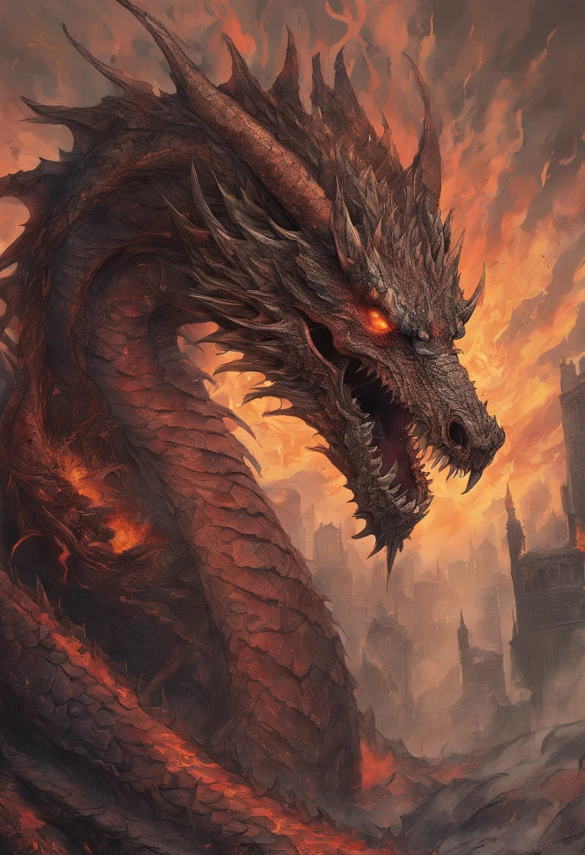 Capture the essence of eternal chaos and impending doom in this masterful graphite rendering by the renowned artist. "Inferno's Majesty: The Malevolent Dragon" is a visual symphony of darkness and despair, a haunting portrayal of a world on the brink of destruction.

The heart of the composition is the malevolent dragon, a creature of unfathomable power and malevolence. Its sinewy body coils like a stormy tempest, every graphite stroke emphasizing its strength and dominance. The dragon's eyes burn with an otherworldly fire, a sinister glow that pierces the very soul of those who dare to meet its gaze. Its teeth, sharp as obsidian blades, drip with a venomous anticipation.

As the dragon rears back, its colossal wings unfurl like the tattered remnants of a fallen kingdom, casting an ominous shadow over the scorched earth below. The skies are choked with smoke and ash, a testament to the devastation that follows in its wake.

But amidst the chaos, a once-mighty citadel stands, now a crumbling bastion of resistance against the dragon's reign of terror. Flames lick at its walls, devouring the grandeur that once defined this majestic fortress. The juxtaposition of the dragon's menacing presence and the fragile beauty of the burning citadel serves as a poignant reminder of the fragility of power and the inevitable march of time.

The artist's meticulous use of graphite allows for a stunning interplay of light and shadow, lending depth and texture to every stroke. The viewer is transported to a realm where fear and awe collide, where the sinister dance of the dragon and the flames is frozen in an eternal moment of chaos.

"Inferno's Majesty: The Malevolent Dragon" is more than a mere artwork; it is an experience that beckons the audience to contemplate the eternal struggle between destruction and resilience, power and vulnerability. The artist's deft hand and keen eye have crafted a masterpiece that will forever haunt the viewer's imagination, a testament to the timeless a