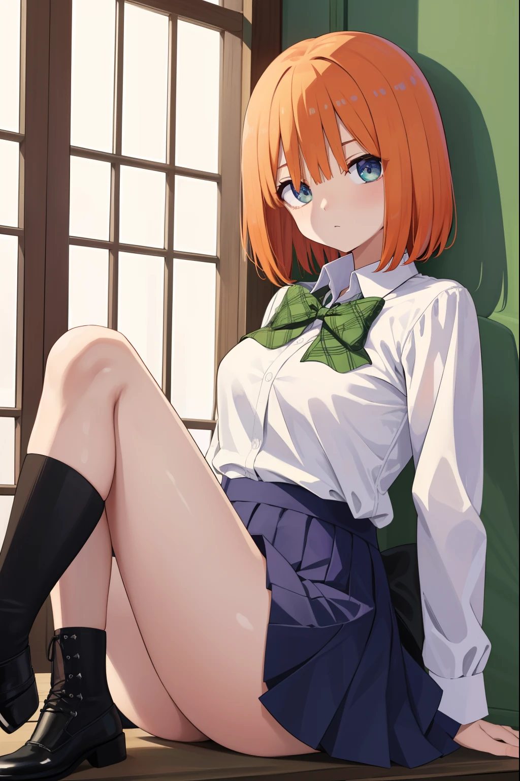 Yotsubanakano, Yotsuba Nakano, franja, short hair, olhos azuis, cabelo entre os olhos, fita de cabelo, faixa de cabelo, orange hair, fita verde,
Saia quebrar, camisa, arco, fita, Uniforme escolar, camisa branca, mangas curtas, saia plissada, SHOES, Meias, camisa de gola, minissaia, bowtie, black footwear, Coxas dos joelhos, saia verde, Meias Pretas, Sapatos, green bow, pullover, fita verde,,
ARROMBAMENTO dentro de casa, sala de aula,
quebrar olhando para o espectador, quebrar (master part:1.2), best quality, high resolution, Unity 8k papel de parede, (illustration:0.8), (belos olhos detalhados:1.6), Rosto extremamente detalhado, perfect lighting, CG extremamente detalhado, (perfect hands, anatomia perfeita),