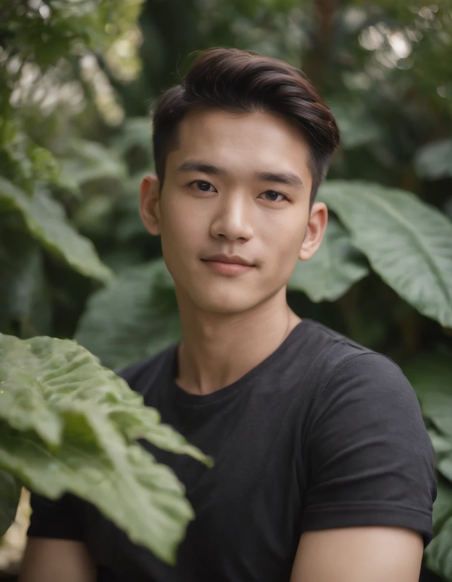 film photography. 35mm photo, movie, Bokeh, Professional, 4K, Highly detailed, 、Shirtless man man standing in front of some plants, Dark Polo Shirt, Thin, Modern realism portrait photography, Genderless, Sony Alpha a7 III, vague, Folk portrait, Asian Man, Shy, Smile, medium shot