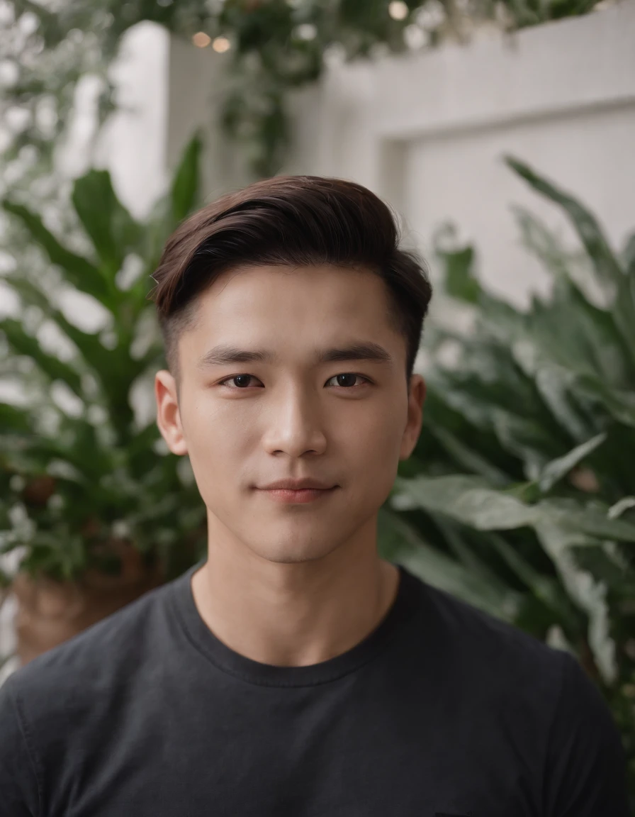 film photography. 35mm photo, movie, Bokeh, Professional, 4K, Highly detailed, 、Shirtless man man standing in front of some plants, Dark Polo Shirt, Thin, Modern realism portrait photography, Genderless, Sony Alpha a7 III, vague, Folk portrait, Asian Man, Shy, Smile, medium shot