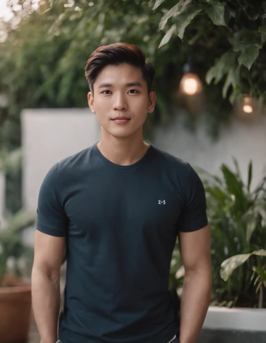film photography. 35mm photo, movie, Bokeh, Professional, 4K, Highly detailed, 、Shirtless man man standing in front of some plants, Dark Polo Shirt, Thin, Modern realism portrait photography, Genderless, Sony Alpha a7 III, vague, Folk portrait, Asian Man, Shy, Smile, medium shot