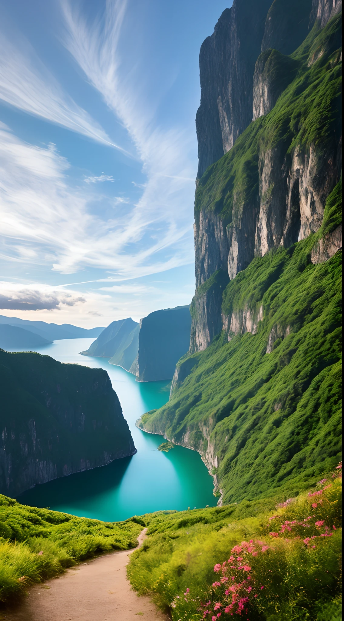 Masterpiece, ultimate quality, Cg unity 8k wallpaper, super delicate, beautiful sky and clouds, rich natural scenery, cliffs, lakes and rivers, waterfalls and flying water, beautiful green mountains, no trace of people, excellent scenery, has already won a photo contest, background Blurring, full depth of field, HDR high dynamics, true restoration, intricate, extreme details, dramatic presentation, perfectly presenting the style of midjourney art.