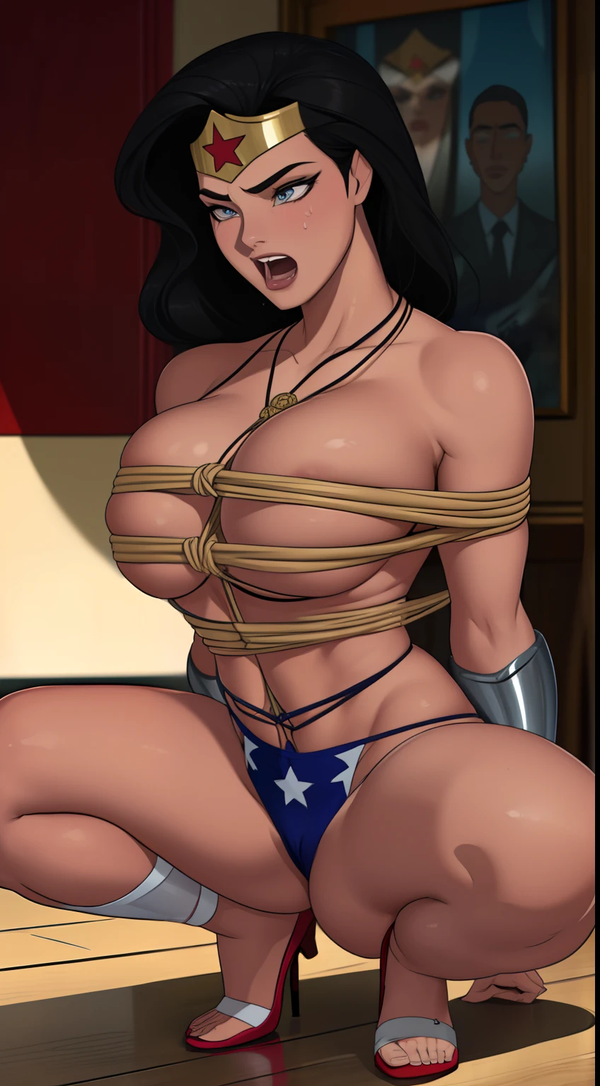 (( She's weak., nas pontas dos dedos))  (She's wearing stiletto high heels) ((Your blouse is tattered, Your mesh is tattered, his uniform is tattered, seu traje esta esfarrapado, your clothes are tattered)), ((SUPERHEROINE Wonder Woman half squat)), ((BITCH, vagabunda, prostituta, vadia)) She's sweaty all over her body. She's screaming in terror, She's terrified, She's crying a lot. ((ela tem cabelo preto, ela tem cabelo longo)), ((She's wearing a Fishnet garter belt)), ((Wearing a thick metal necklace around the neck )) She screams and begs for mercy, Ela cai no choro. Wearing a thick metal necklace around the neck with a chain. Usando maquiagem pesada no rosto. (Your clothes are immoral, your clothes are indecent). Shibari, arms behind back:1.4), (hands on back), (obra-prima, melhor qualidade) 1.5, 1girl, sozinho, (sexy, mulher bonita, rosto perfeito, olhos perfeitos) corpo inteiro, (Shibari, arms behind back:1.4), (hands on back), ((cabelos pretos)). ((High Definition Face))