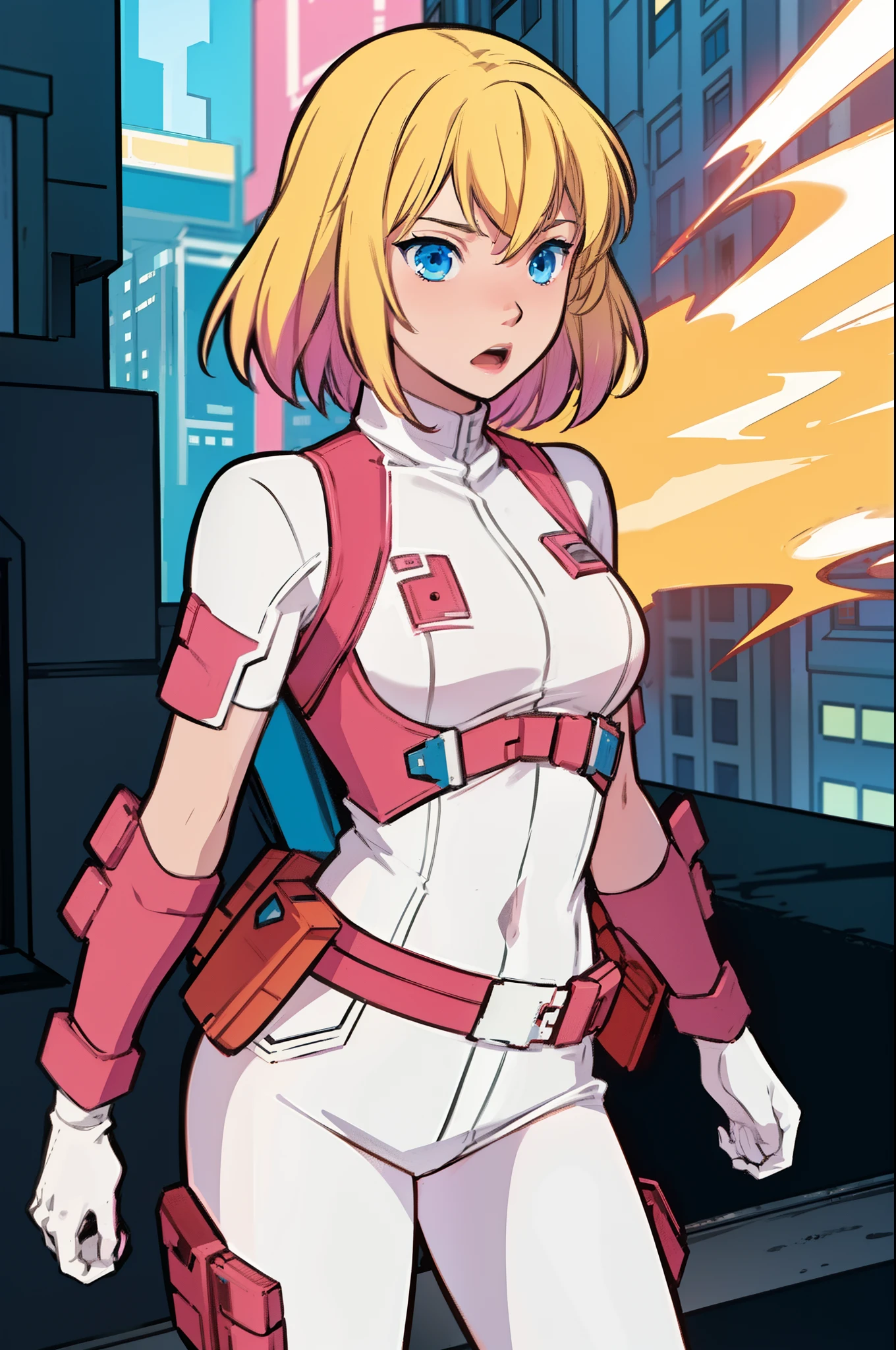 solo, 1girl, (masterpiece), ((16 year old appearance)), Blonde hair, Medium hair, blue eyes, anime girl, Super heroine costume pink with white pants , small breasts, cyberpunk city, nigth, Serious expression