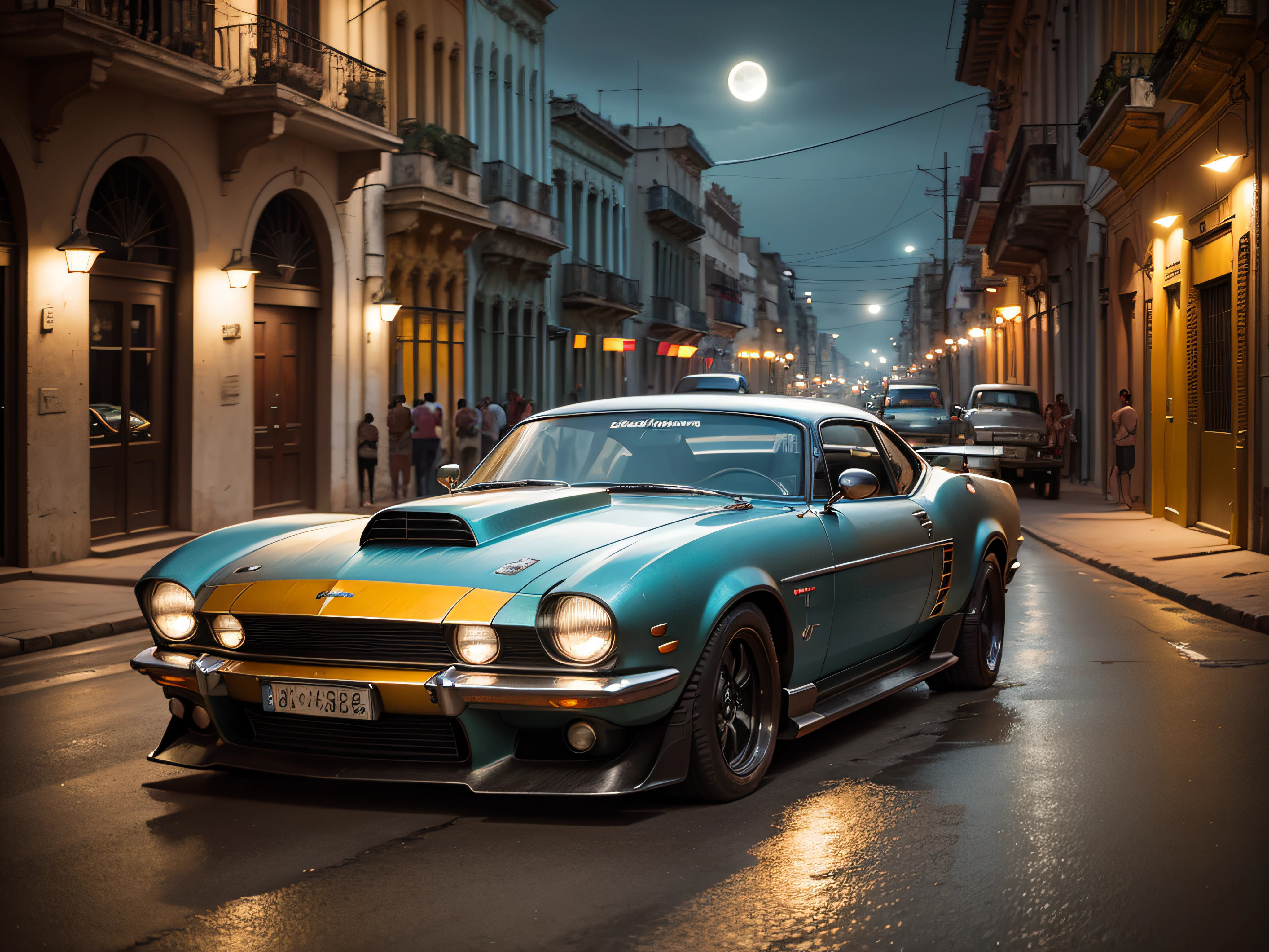 DieselPunkAI sport car on road in Havana Cuba ocean, boats Stores, Galleries, street, night moon, cars, is full , eye view (best quality,ultra - detailed, Illustration,Best shadow,masterpiece,A high resolution,professional artwork,famous artwork, In the style of Christian Riese Lassen Hawaii Artist