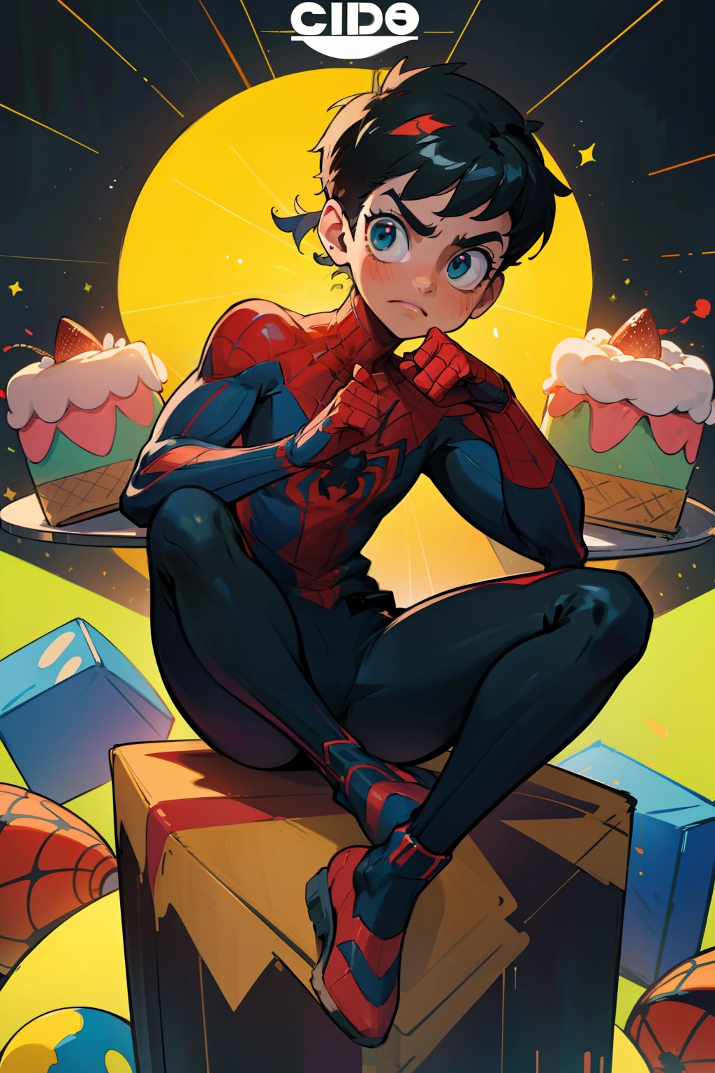 (best quality,high-res:1.2), modern  man in black Spiderman costume sueter, and adidas shoes sitting on a cube with a cake, chith hearing aids, vibrant colors, detailed facial expressions, bright lighting, comic book style, party atmosphere, joyful celebration, realistic rendering, urban background, dynamic pose, festive decorations, intricate web design on the costume, 4K resolution, action-packed scene, energetic vibe, playful mood, thoughtful expression