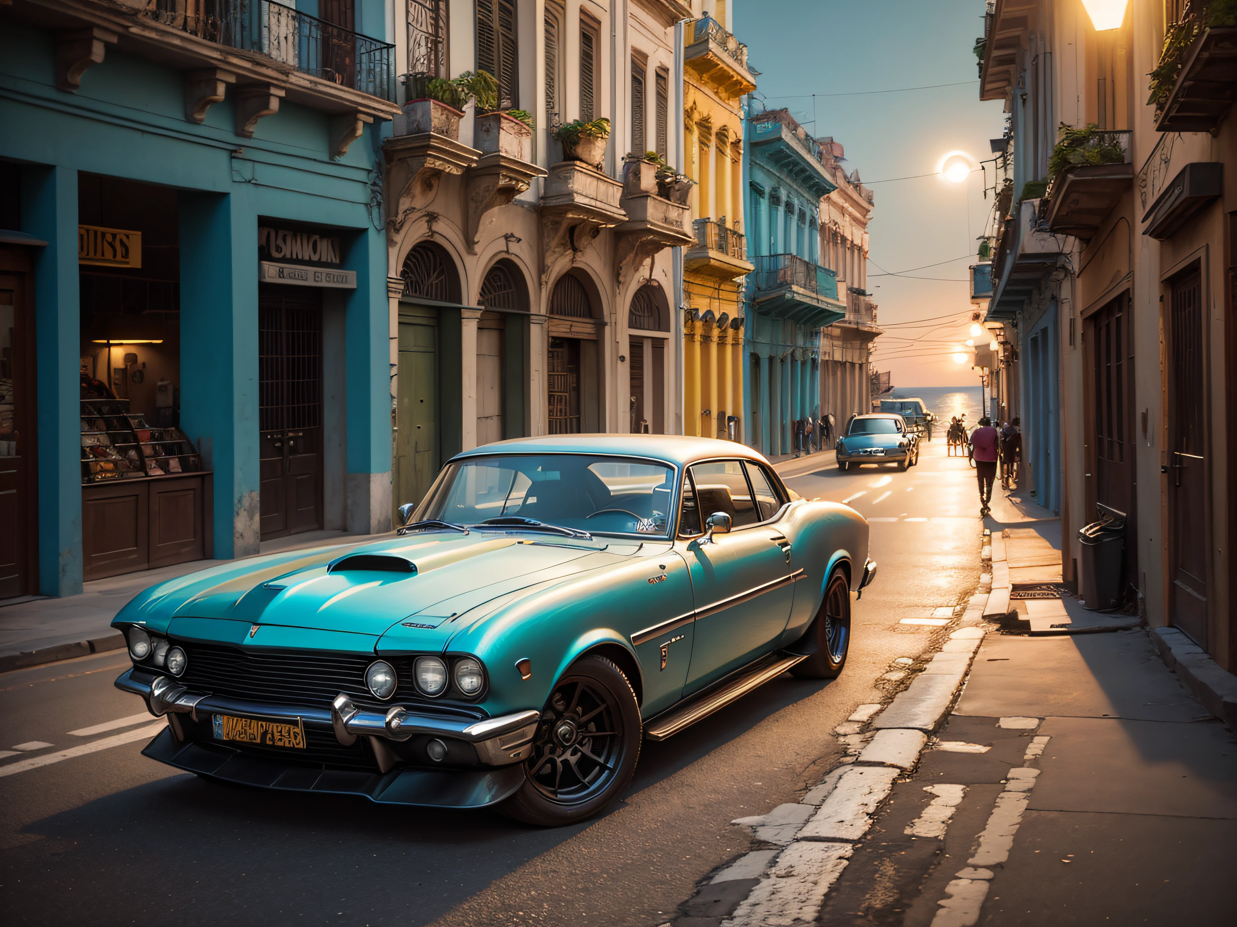 DieselPunkAI sport car on road in Havana Cuba ocean, boats Stores, Galleries, street, night moon, cars, is full , eye view (best quality，ultra - detailed, Illustration，Best shadow，masterpiece，A high resolution，professional artwork，famous artwork, In the style of Christian Riese Lassen Hawaii Artist