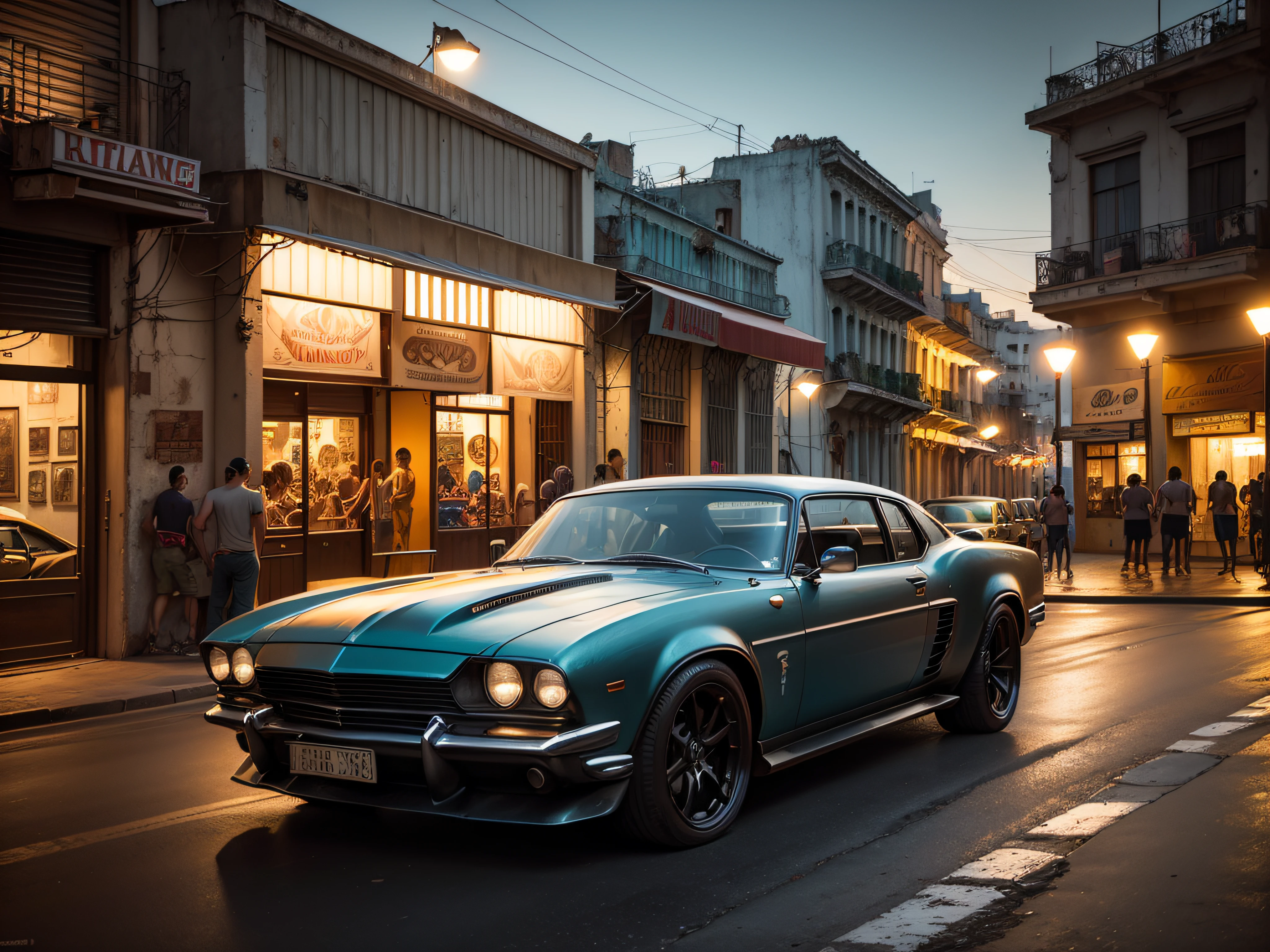 DieselPunkAI sport car on road in Havana Cuba ocean, boats Stores, Galleries, street, night moon, cars, is full , eye view (best quality，ultra - detailed, Illustration，Best shadow，masterpiece，A high resolution，professional artwork，famous artwork, In the style of Christian Riese Lassen Hawaii Artist