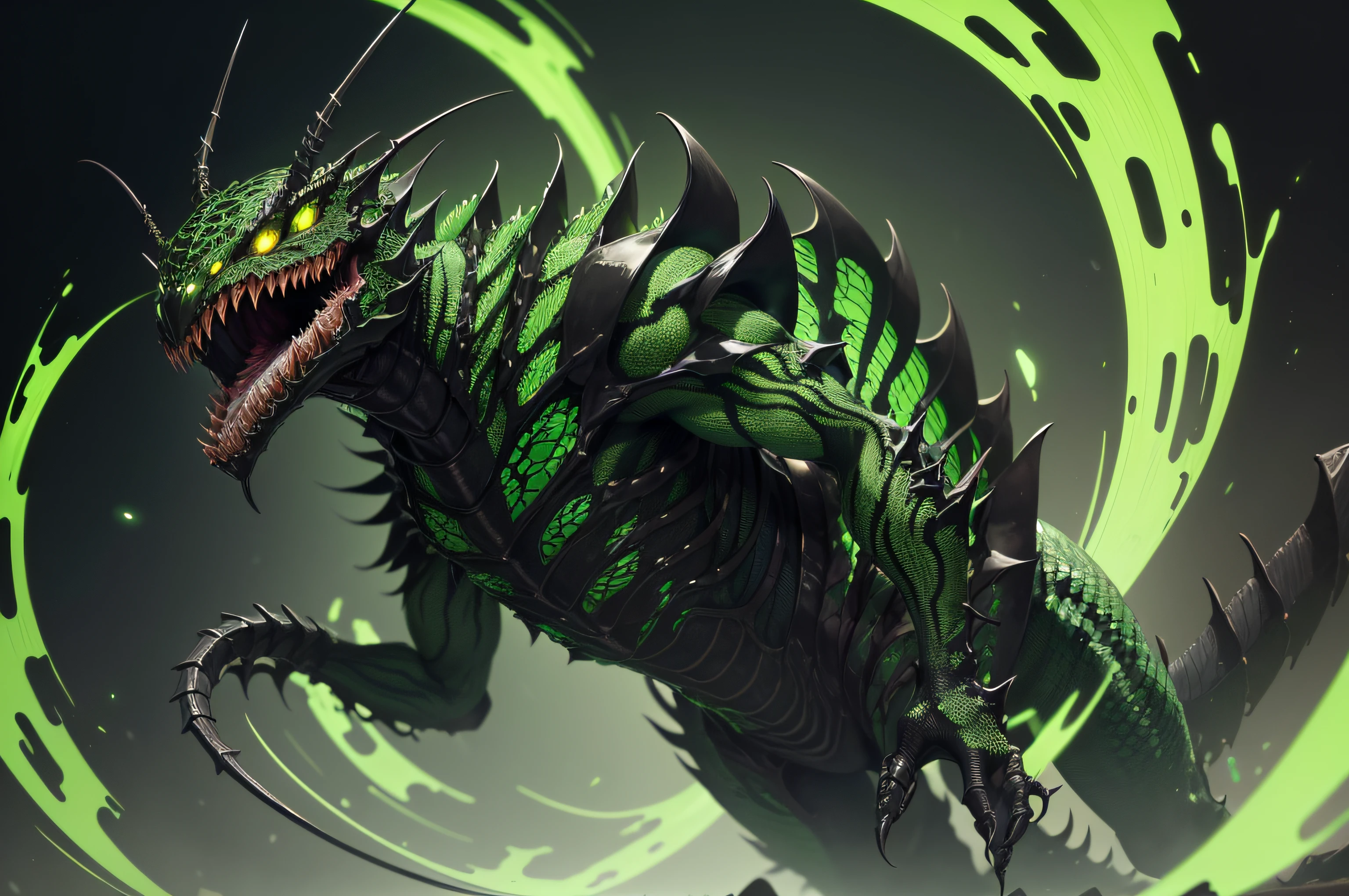 a grotesque creature that resembles a distorted mixture of insect and serpent, with a shiny black carapace and glowing eyes that emit a disturbing green glow. Its mouth full of rows of sharp teeth is capable of crushing bones with ease.
