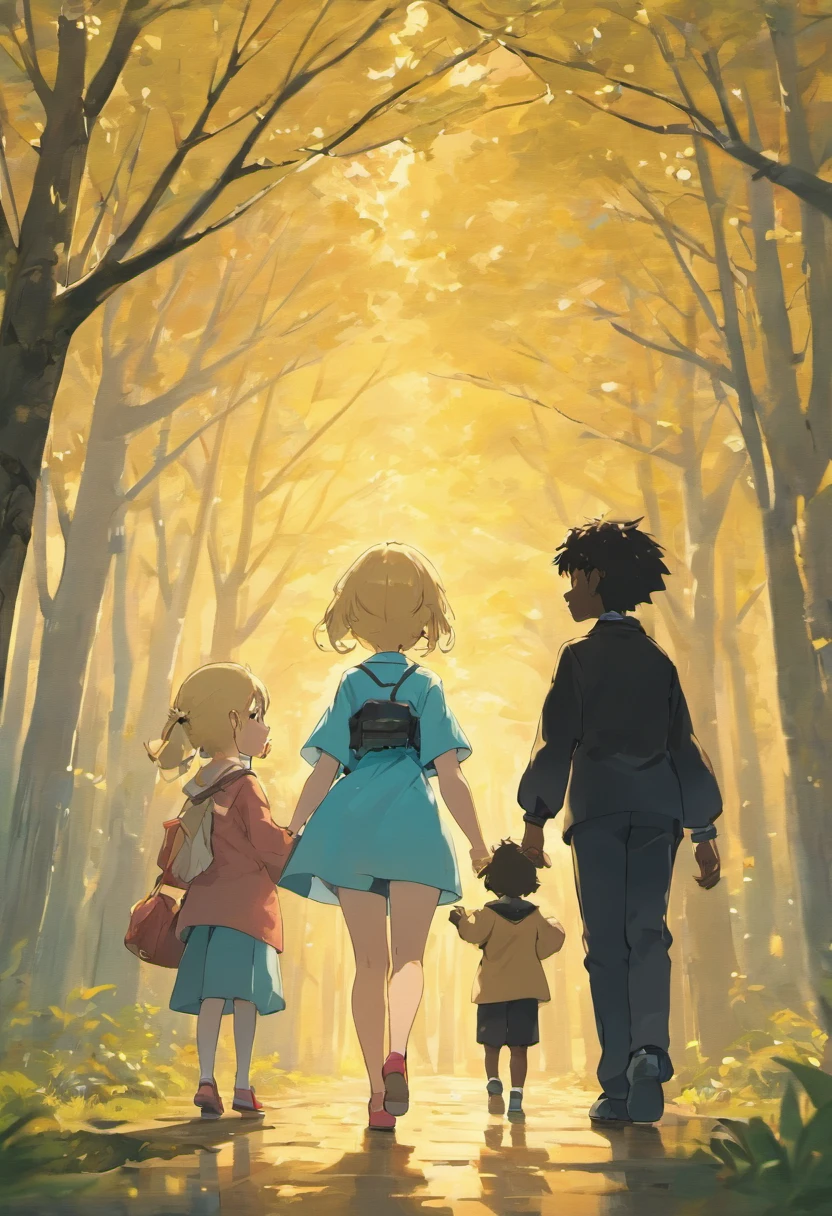 PIXAR style, 3 children, ((( japanese boy called Daniel))),(((Sara is a blonde white  girl ))) and (((Alex is a black boy))) The 3 children are 7 years  are in the park talking to each other.