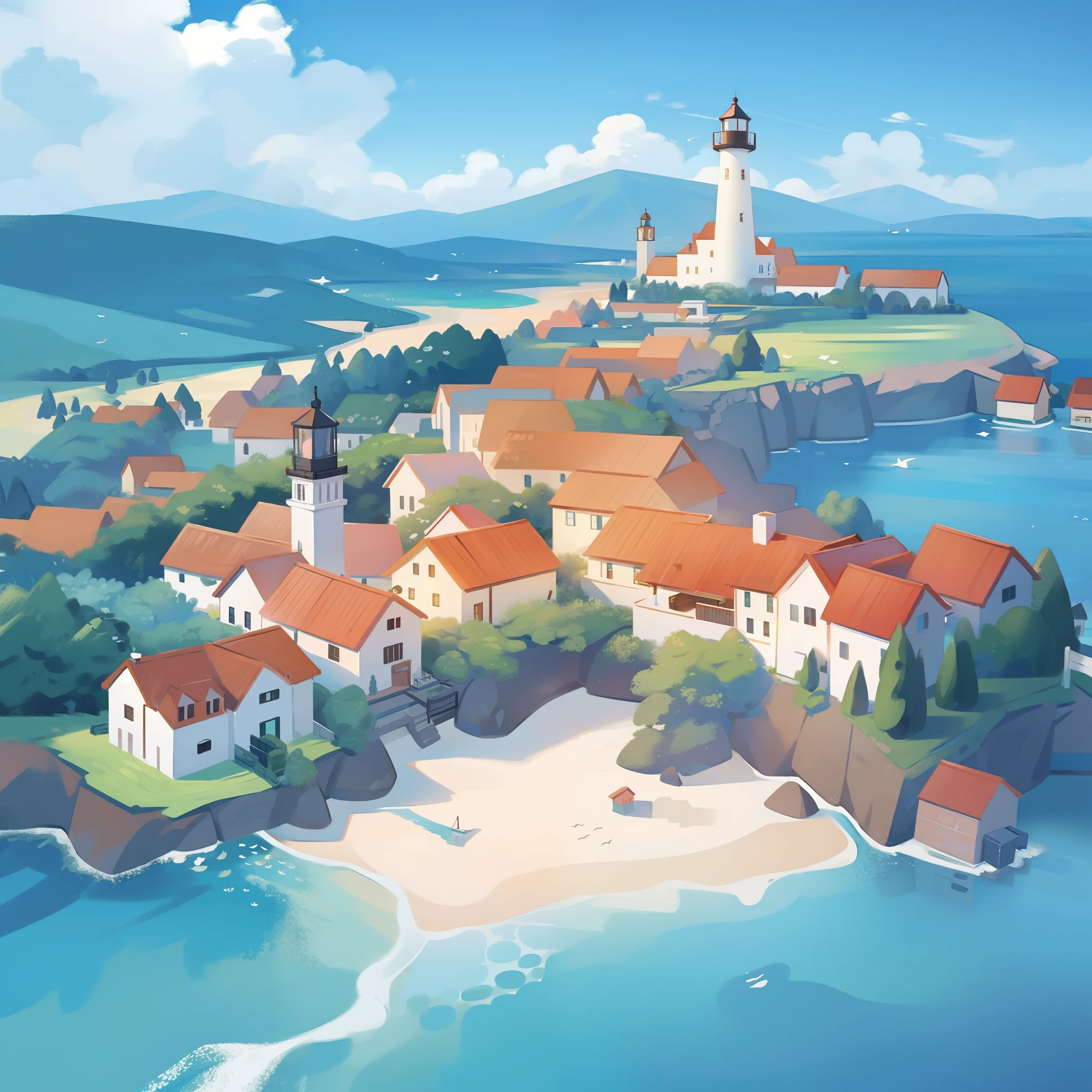 ocean fantasy, watercolor illustration, whimsical, warm colors, village, houses, huge lighthouse, ((masterpiece)), highly detailed environment