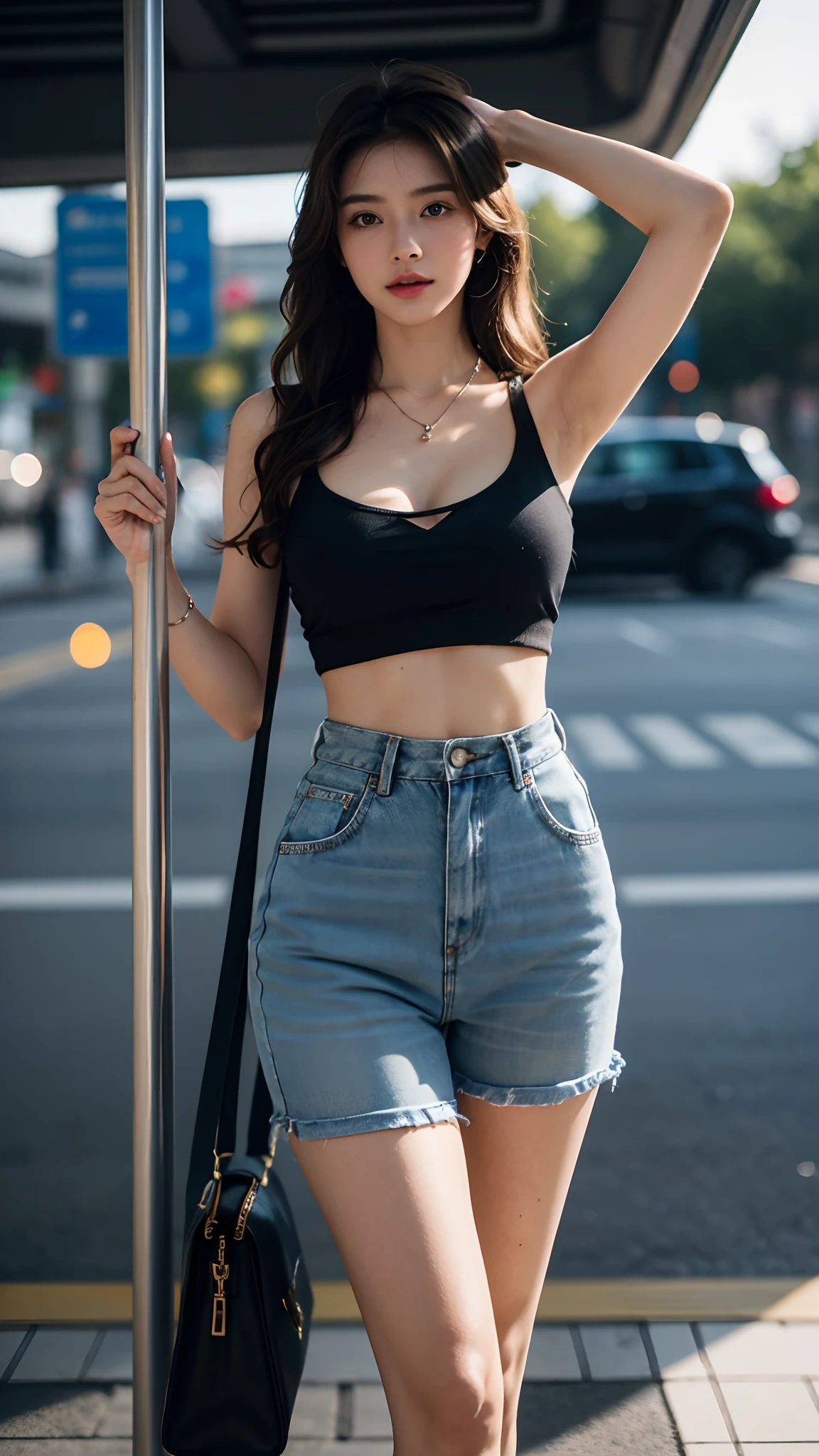brown hair, long hair, wavy hair, depth of field, cinematic lighting, blurry, glowing light, cowboy shot, from below, bokeh, bokeh, Eye-Level Shot, f/1.2, 85mm, Sony FE GM, highres, best quality, high details, super detail, textured skin, UHD. very beautifull 20 years old girl. open chest cropped hand t-shirt. exposed cleavage. necklace. beautifull armpit. high waist hot pants. high heels. gucci hand bag. slim waist. nice hips. tall girl. leaning her body on bus stop wall.