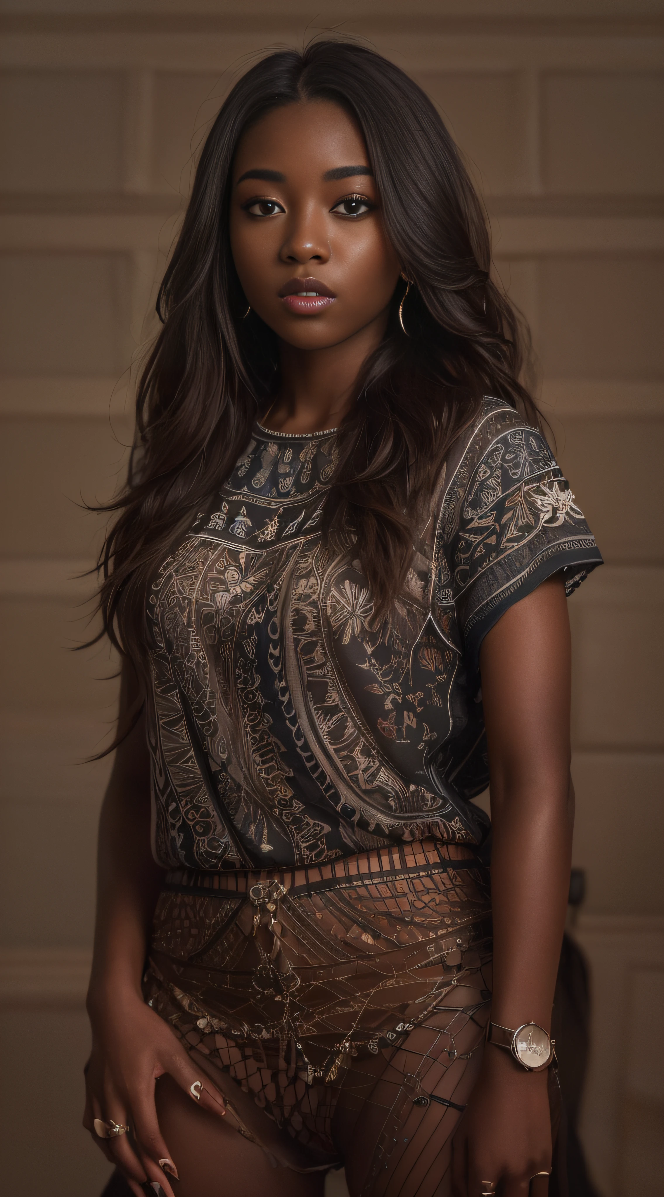 FULL BODY, center portrait, 21-year-old girl, dark skin, Clothing style comfortable, Hyper-realistic, full body portrait, long brown hair, clothes: green, sharp focus, cinematic lighting, highly detailed, intricate details, plain brown background
