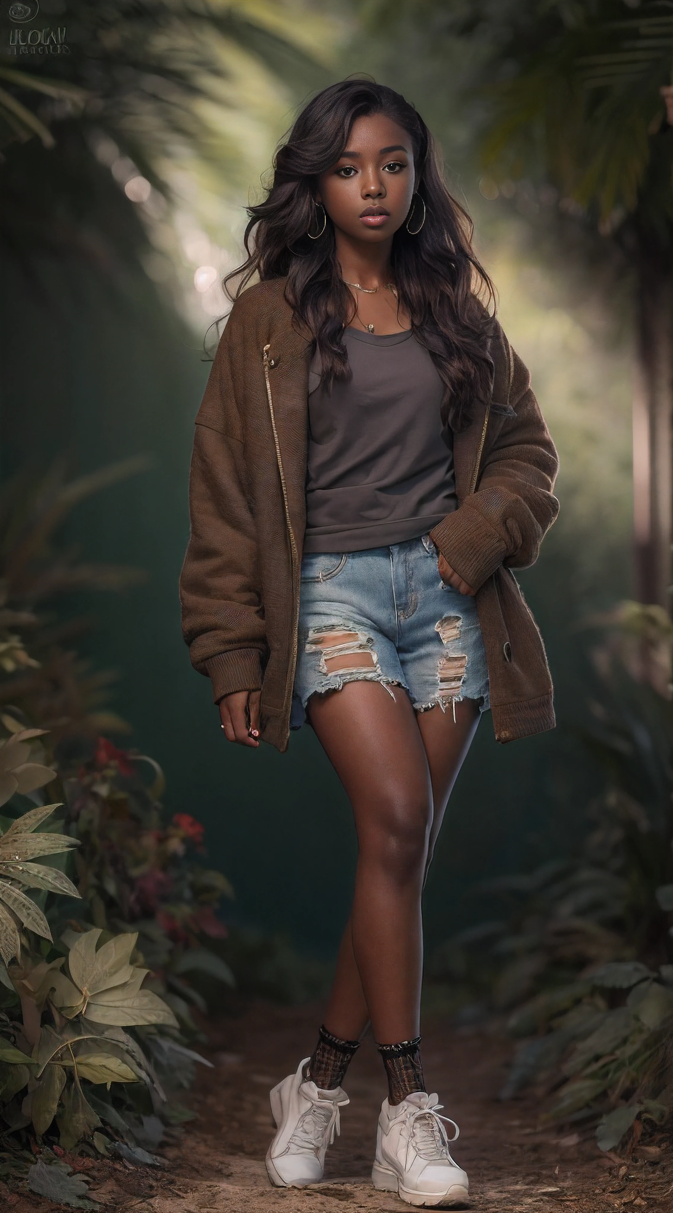 FULL BODY, center portrait, 21-year-old girl, dark skin, Clothing style comfortable, Hyper-realistic, full body portrait, long brown hair, clothes: green, sharp focus, cinematic lighting, highly detailed, intricate details, plain brown background