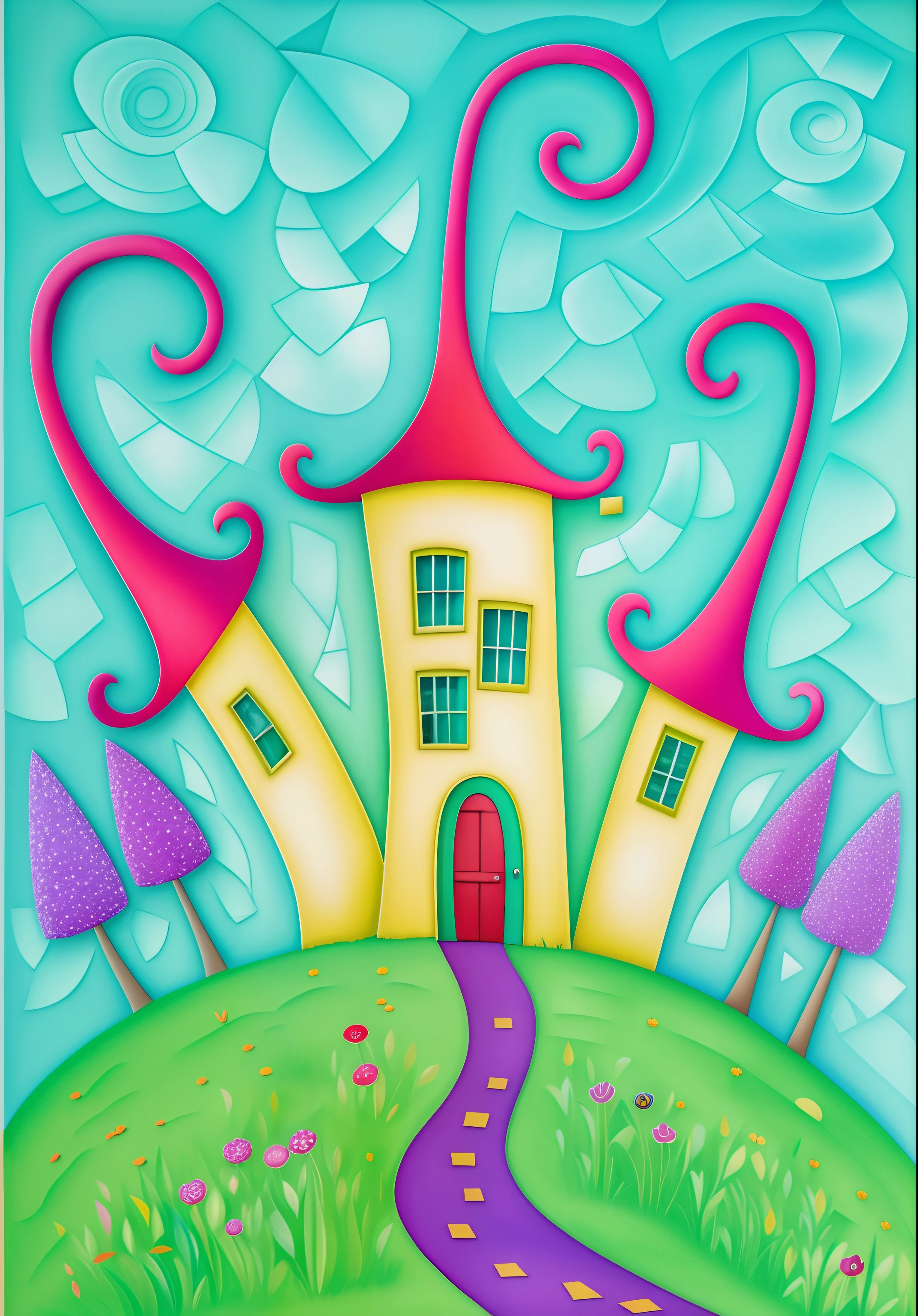 pintura de uma casa com um telhado vermelho e um longo caminho estreito, arte caprichosa, Luz do Sol e Casas Extravagantes, Magic castle school on a hill, casa em uma colina, whimsical fantasy landscape art, inspirado em Tove Jansson, inspirado em Friedensreich Hundertwasser, inspirado em Hundertwasser, inspirado em Lyonel Feininger