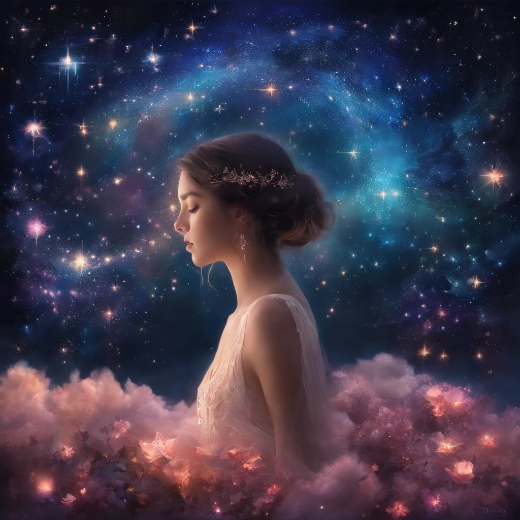 El cielo nocturno debe estar lleno de constelaciones brillantes, generando un ambiente oscuro y misterioso, cielo lleno de estrellas luminosas.