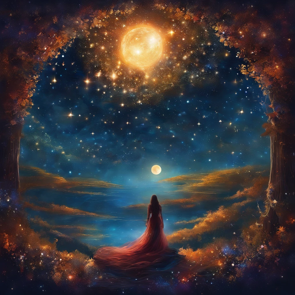 El cielo nocturno debe estar lleno de constelaciones brillantes, generando un ambiente oscuro y misterioso, cielo lleno de estrellas luminosas.
