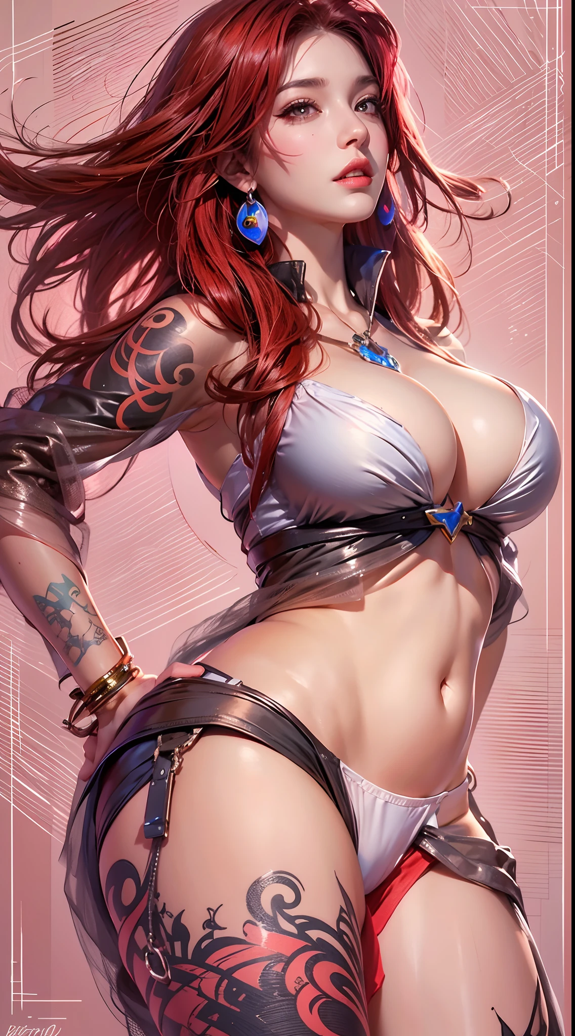 photorealistic, high resolution, 1women, mature female, solo, hips up, look at viewer, (detailed face), tattoo, Miss Fortune | League of Legends