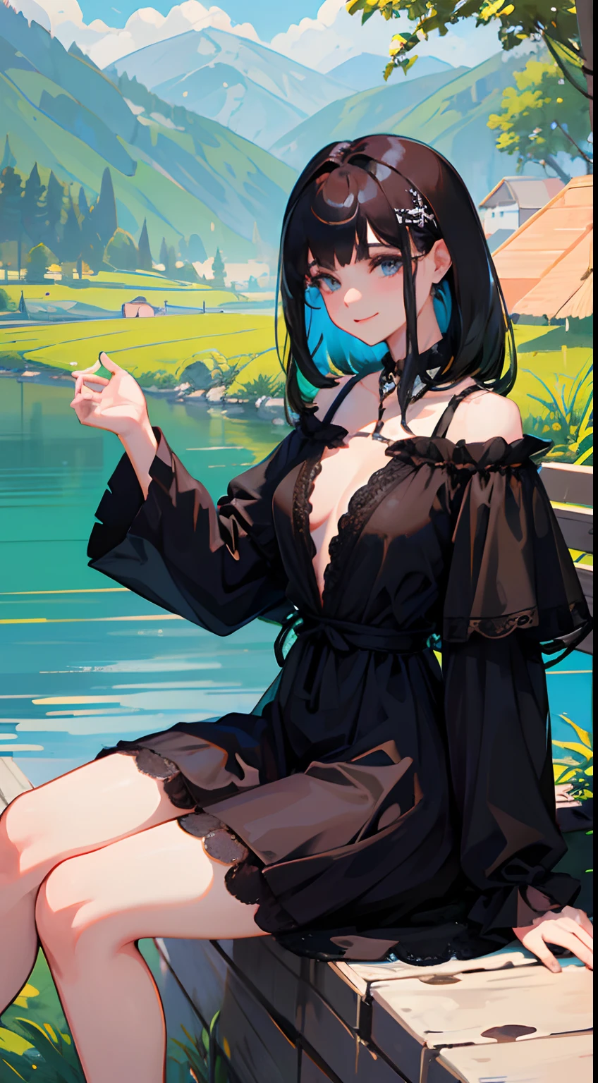 1 girl. Ella tiene el pelo corto negro, y ojos verdes. Lleva un vestido negro, y falda. Ella tiene un collar blanco. Y con botas negras. She's sitting by a lake and the weather is golden hour and she's smiling..