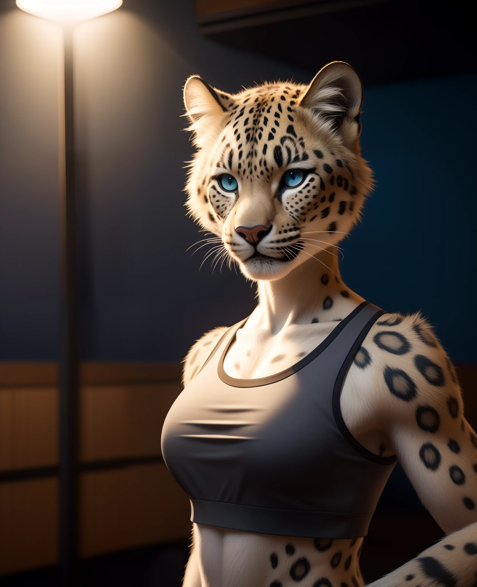 bust shot, detailed ski resort setting, cool lighting, (solo:1.3), BREAK, staring into the camera, 20 years old, anthro leopard snow leopard female with white spotted fur, muscular, lean build, thin tail, blue eyes, (short silver hair, asymmetrical cut hairstyle), leopard snout, feline teeth, fangs, (realistic fur, hairy fur, wiry hair over body, fur over body, detailed fur texture), (wearing a grey sports bra, wearing black shorts), claws, paws, black paw pads