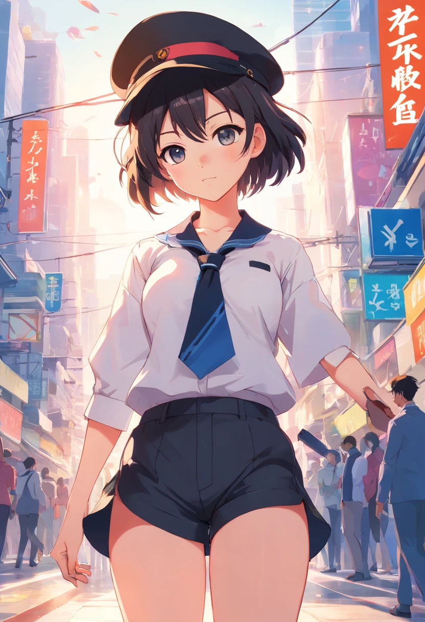 Anime, short black hair, blue eyes, wearing plain white shirt, city, absurdres, high res, ultrasharp, 8K, masterpiece, looking at viewer, wet shirt, pussy , crowd, behind