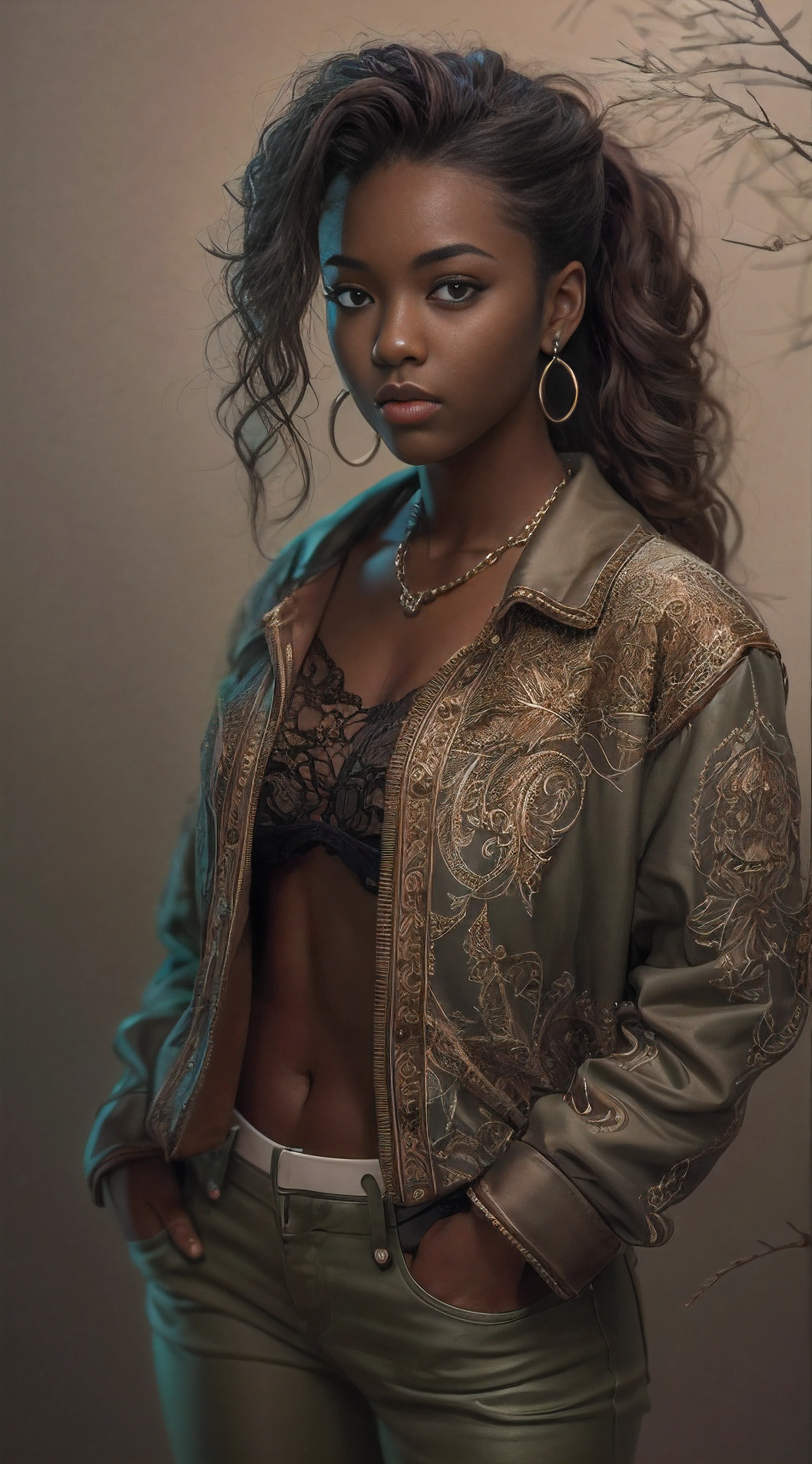 FULL BODY, center portrait, 21-year-old girl, dark skin, Clothing style comfortable, Hyper-realistic, full body portrait, long brown hair, clothes: green, sharp focus, cinematic lighting, highly detailed, intricate details, plain brown background