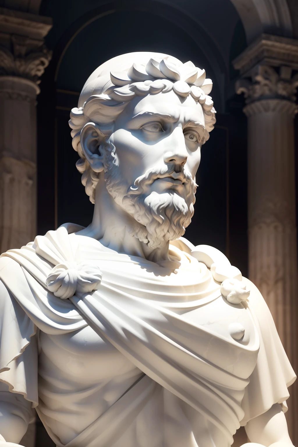 A realistic Greek white marble statue of Marcus Aurelius, muito forte e confiante, cuidadosamente detalhado, wearing a ghostly toga, fundo neutro, Moody, fotorrealista, Jantar de cinema atencioso, super detalhado, hyper realistic, luzes brilhantes, 8000