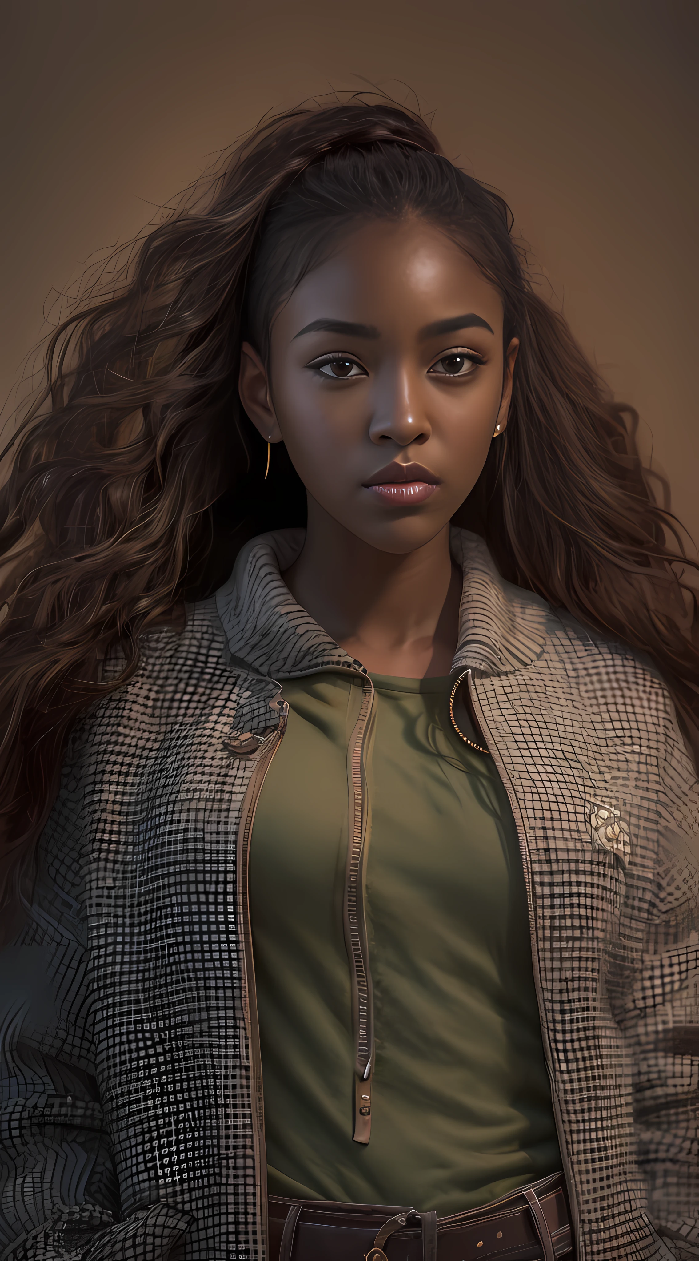 FULL BODY, center portrait, 21-year-old girl, dark skin, Clothing style comfortable, Hyper-realistic, full body portrait, long brown hair, clothes: green, sharp focus, cinematic lighting, highly detailed, intricate details, plain brown background