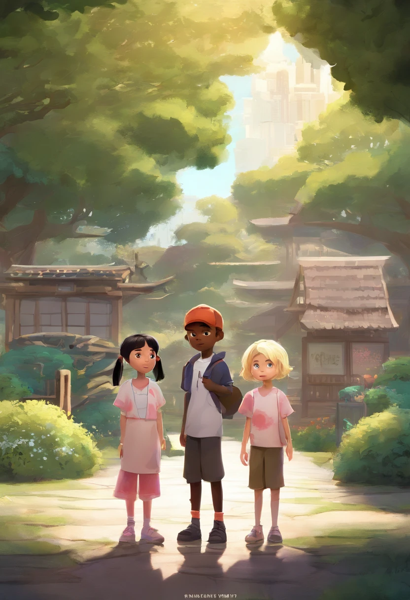 3D, PIXAR style, 3 children, ((( japanese boy called Daniel))),(((Sara is a blonde white  ))) and (((Alex is a black boy))) The 3 children are 7 years oldcters have the same height,  They are in the park talking to each other.