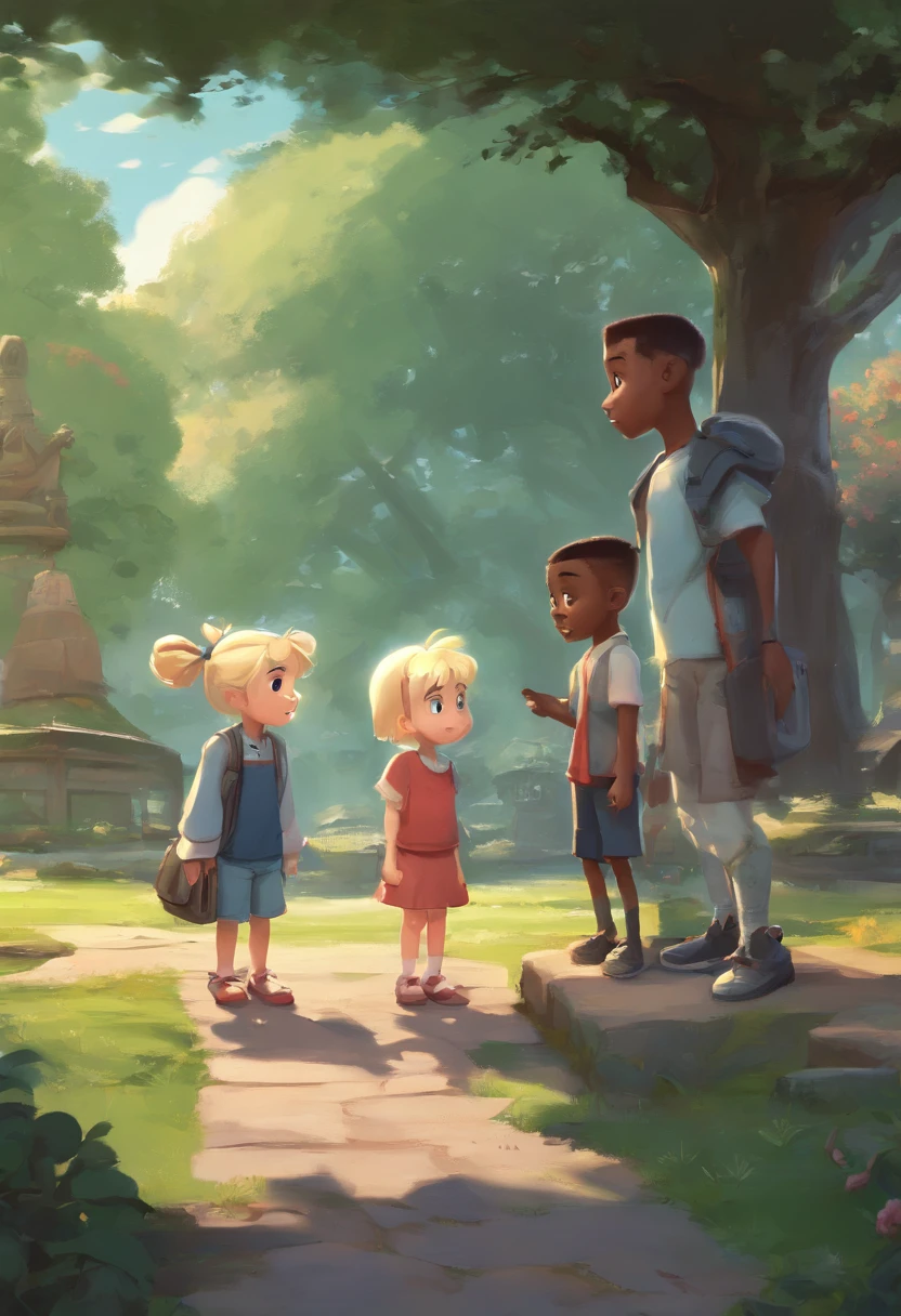 3D, PIXAR style, 3 children, ((( japanese boy called Daniel))),(((Sara is a blonde white ))) and (((Alex is a black boy))) The 3 children are 7 years oldcters have the same height, They are in the park talking to each other.