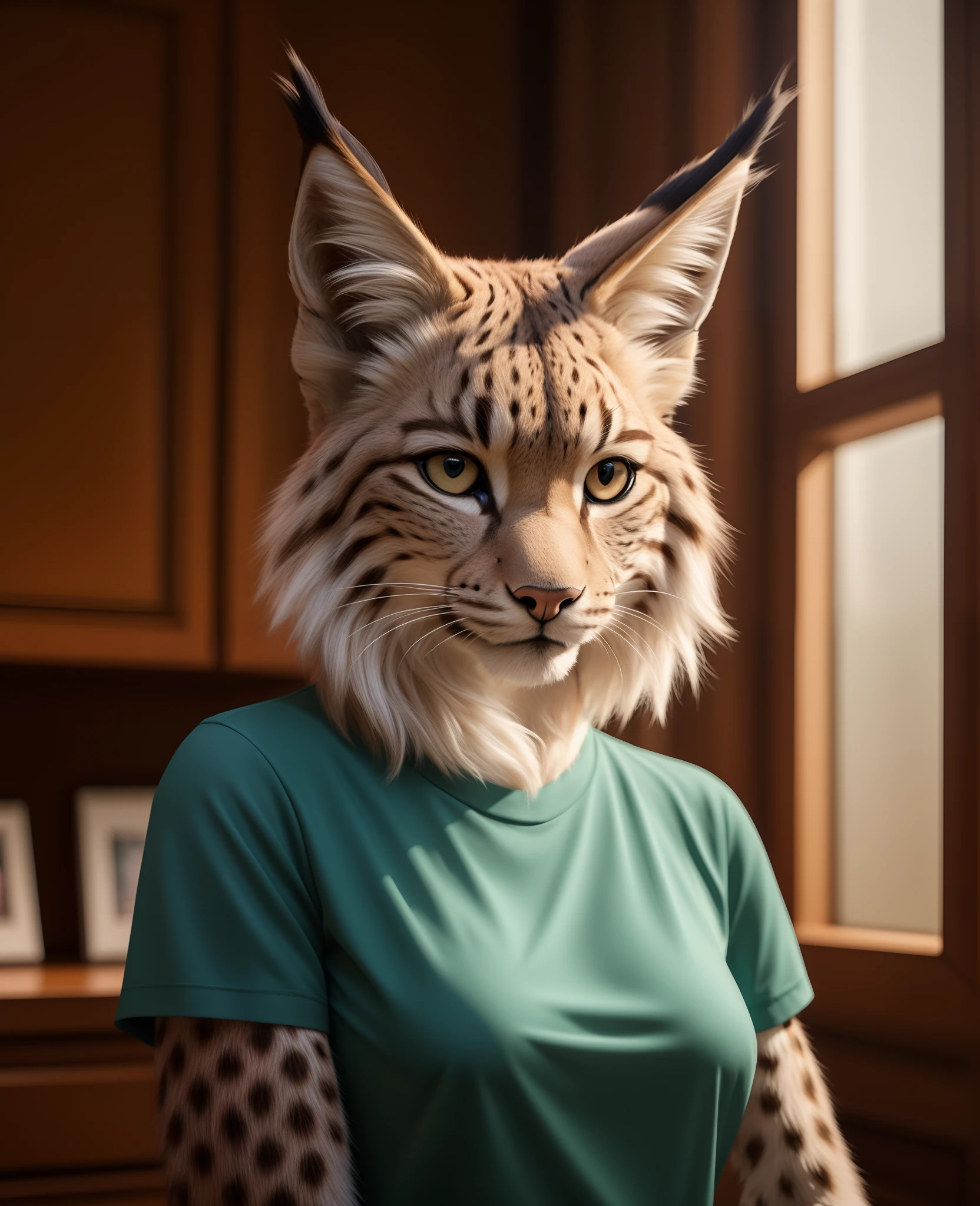 masterpiece, realistic, professional photo, female anthropomorphic lynx, shirt, detailed fur, (furry body:1.2), pretty face, detailed hair,